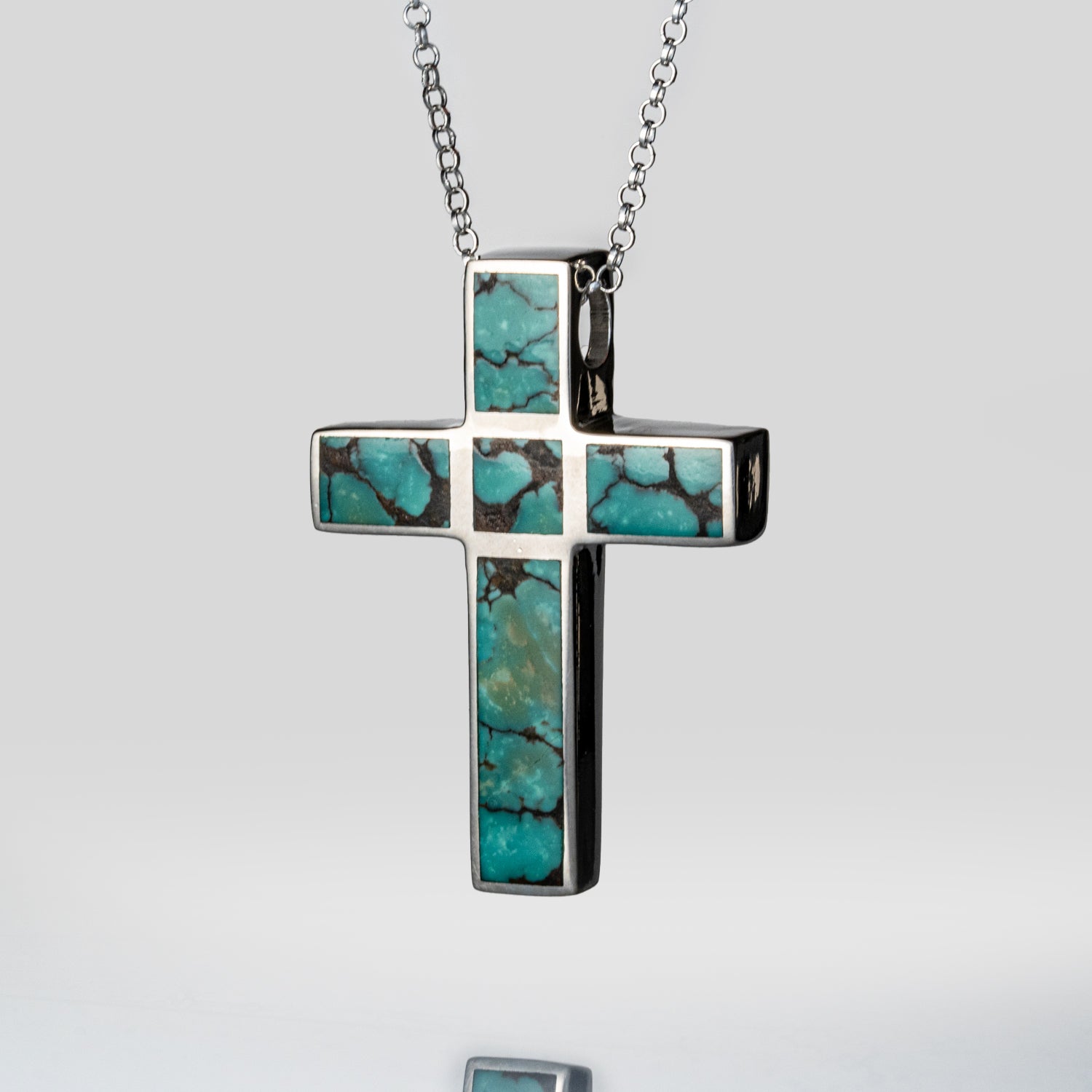 Genuine Turquoise Sterling Silver Cross Pendant with 18" Sterling Silver Necklace