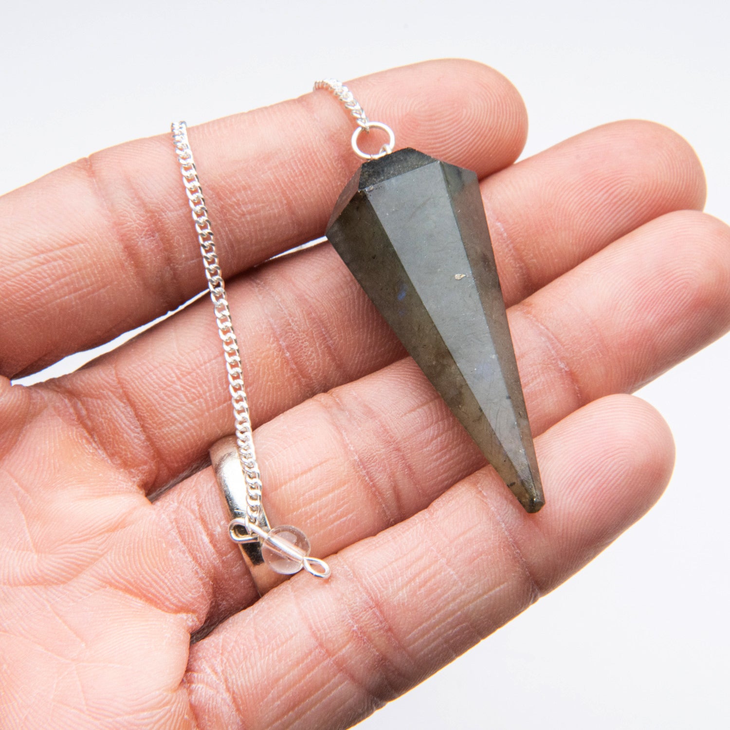 Genuine Polished Labradorite Pendulum (with Chain) with black velvet pouch