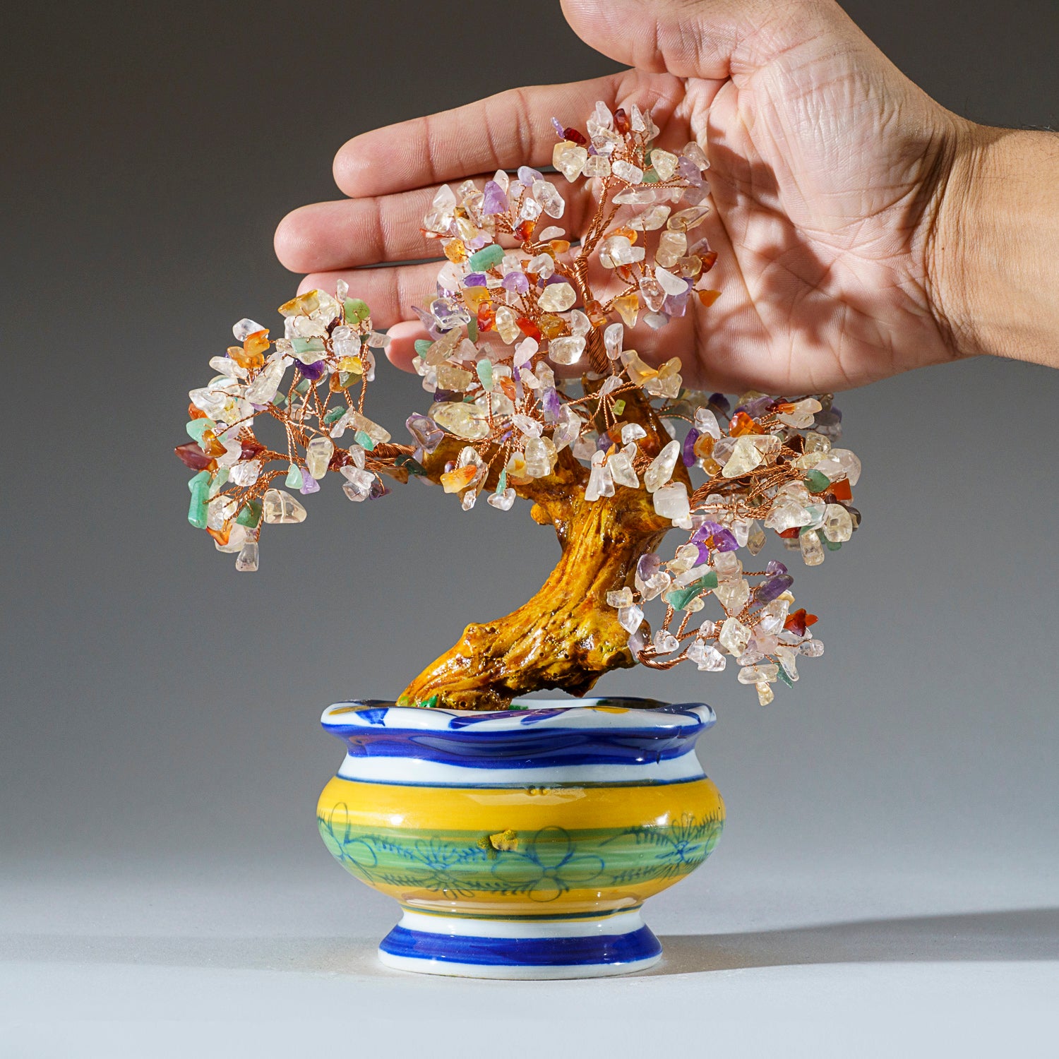 Genuine Multi Gemstone Bonsai Tree in Round Ceramic Pot (8.5” Tall)