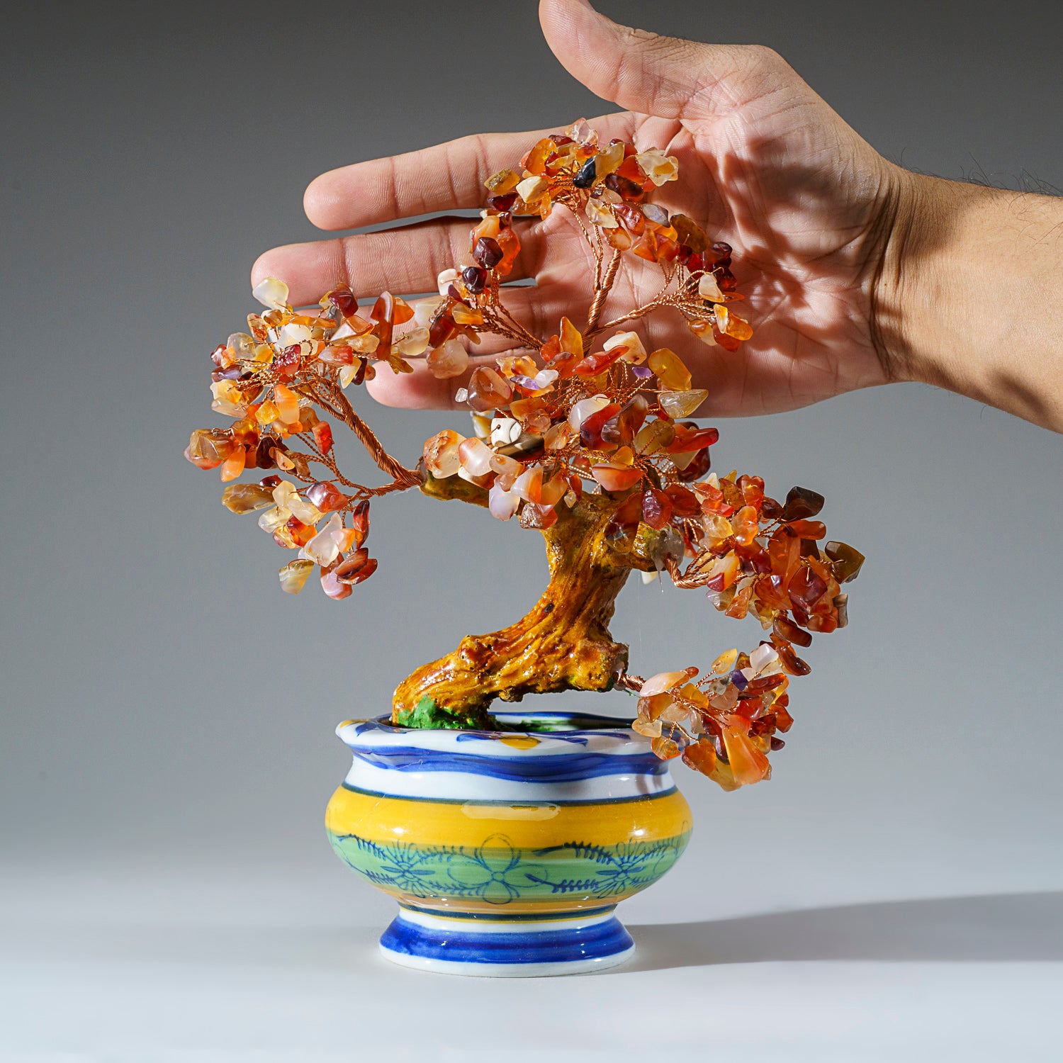 Genuine Carnelian Bonsai Tree in Round Ceramic Pot (8.5” Tall)
