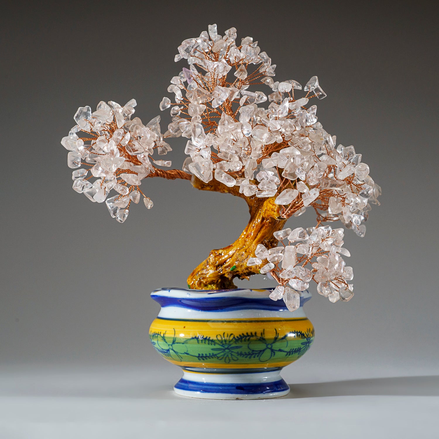 Genuine Quartz Bonsai Tree in Round Ceramic Pot (8.5” Tall)