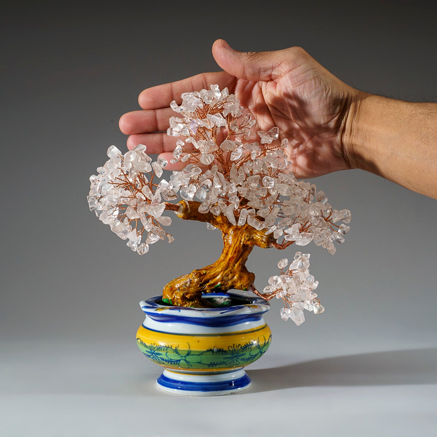 Genuine Quartz Bonsai Tree in Round Ceramic Pot (8.5” Tall)