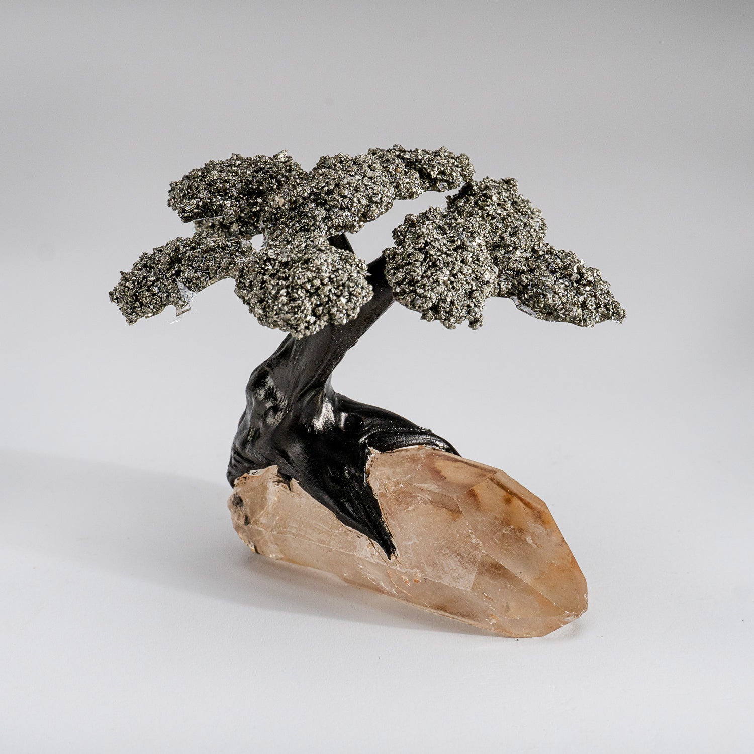 Medium - Genuine Pyrite Clustered Gemstone Tree on Clear Quartz Matrix