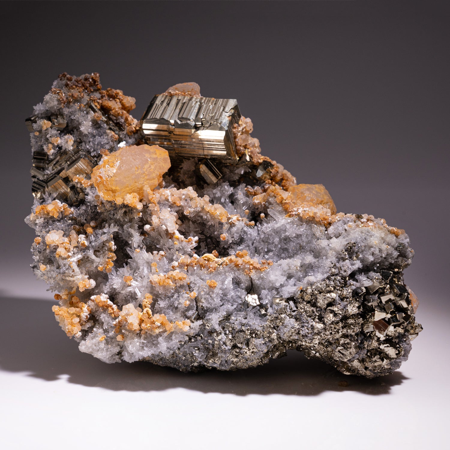 Calcite on Pyrite with Quartz from Huaron District, Cerro de Pasco Province, Pasco Department, Peru
