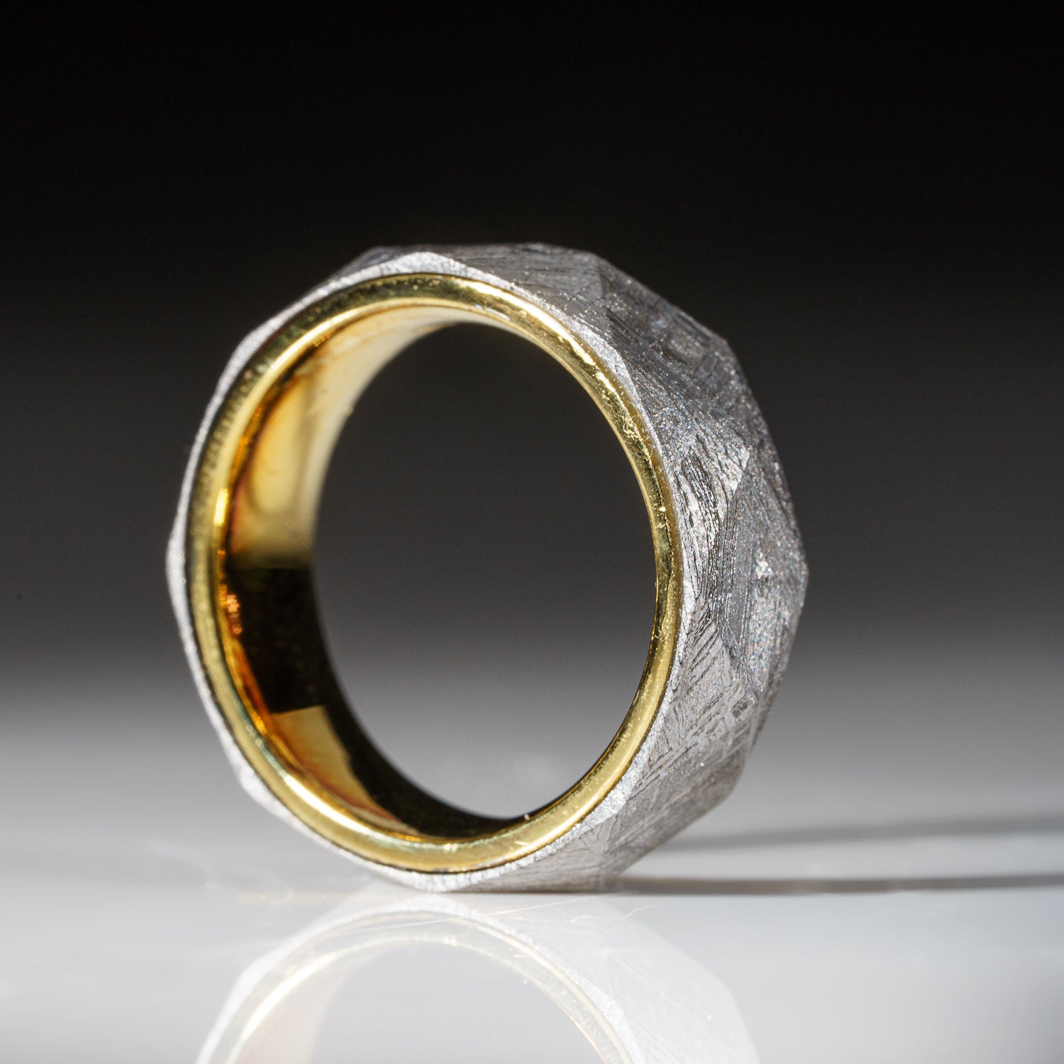 Genuine Natural Seymchan Meteorite Ring with Gold Inner Bezel (Size 5)