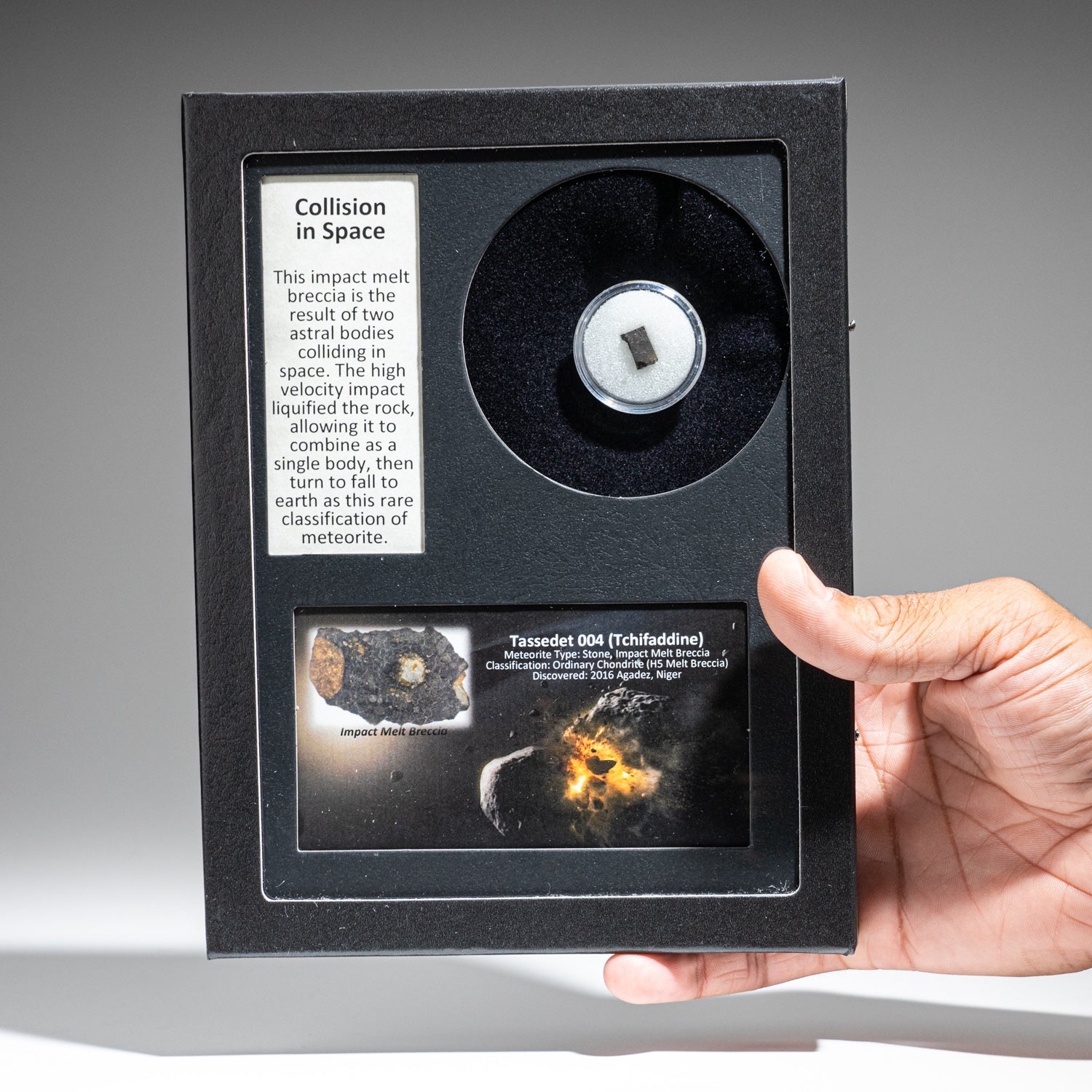 Genuine Tassédet 004 (Tchifaddine) Meteorite in Glass Display Box (Collision in Space)