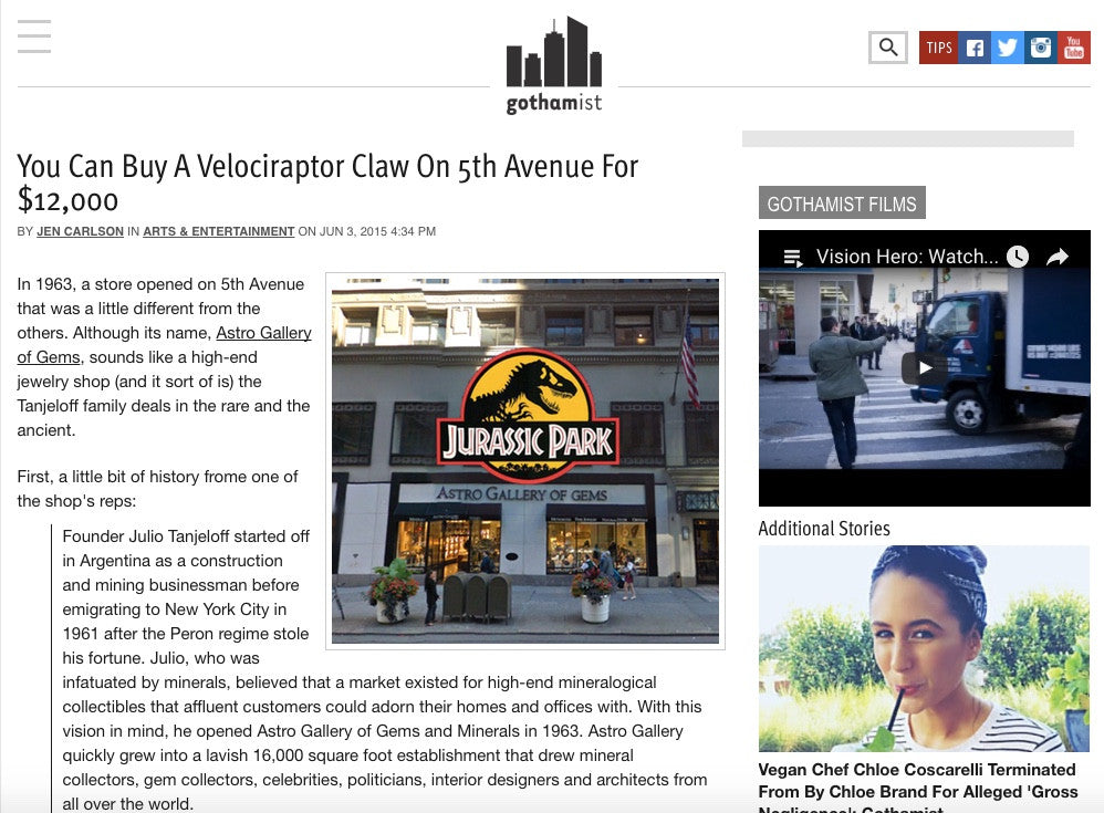 Gothamist: You Can Buy A Velociraptor Claw On 5th Avenue For $12,000