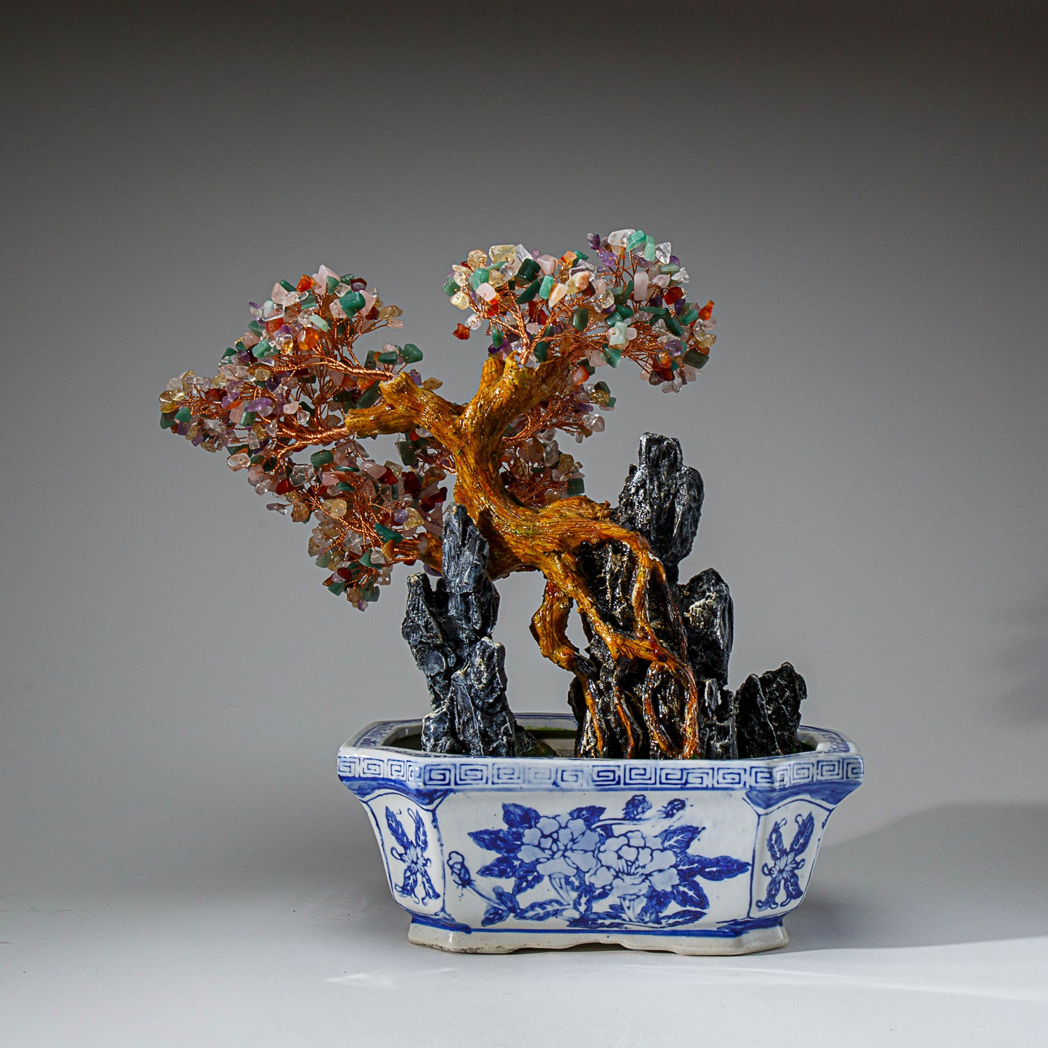 Genuine Multi Gemstone Bonsai Tree in Square Ceramic Pot (13” Tall)