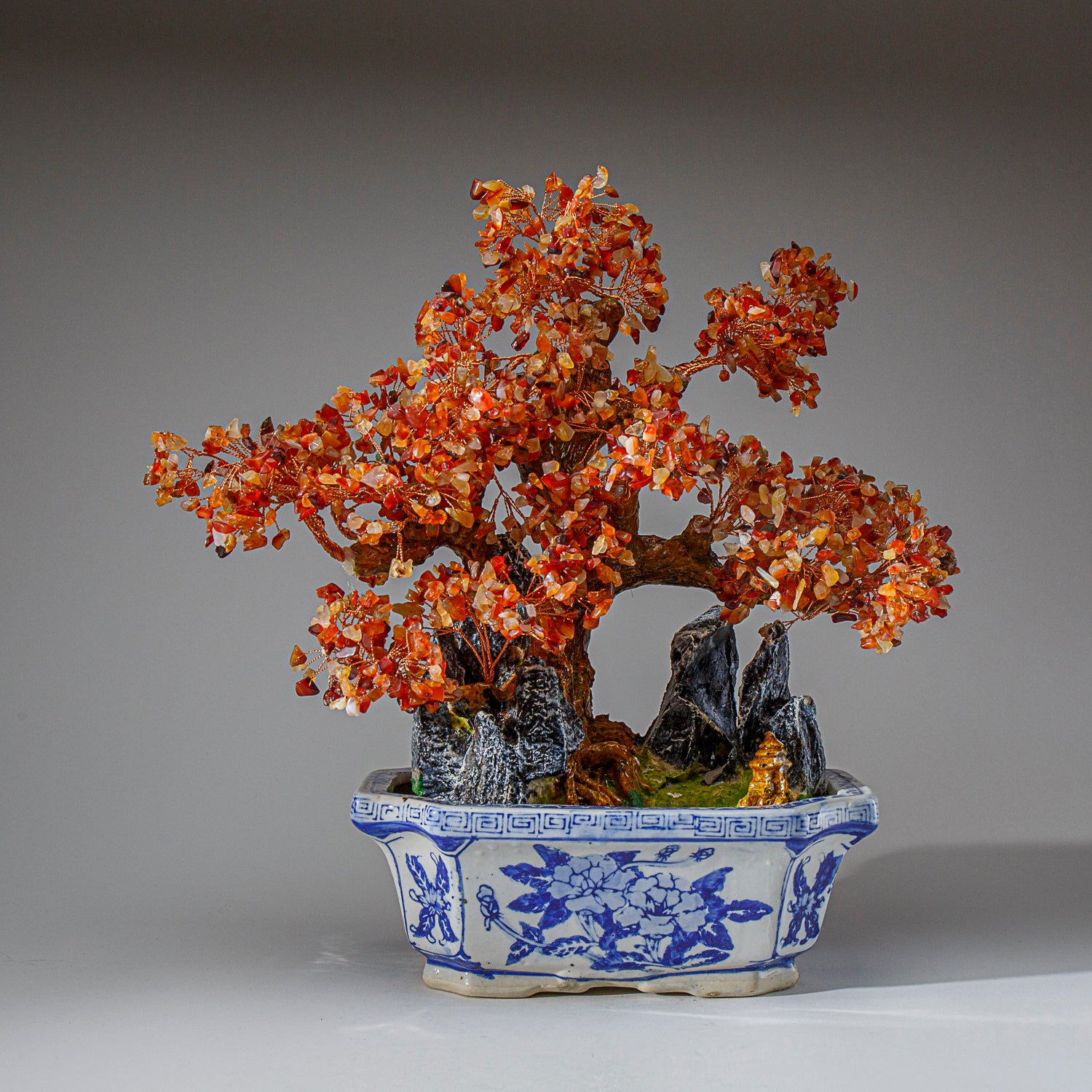 Genuine Carnelian Gemstone Bonsai Tree in Square Ceramic Pot (15” Tall)