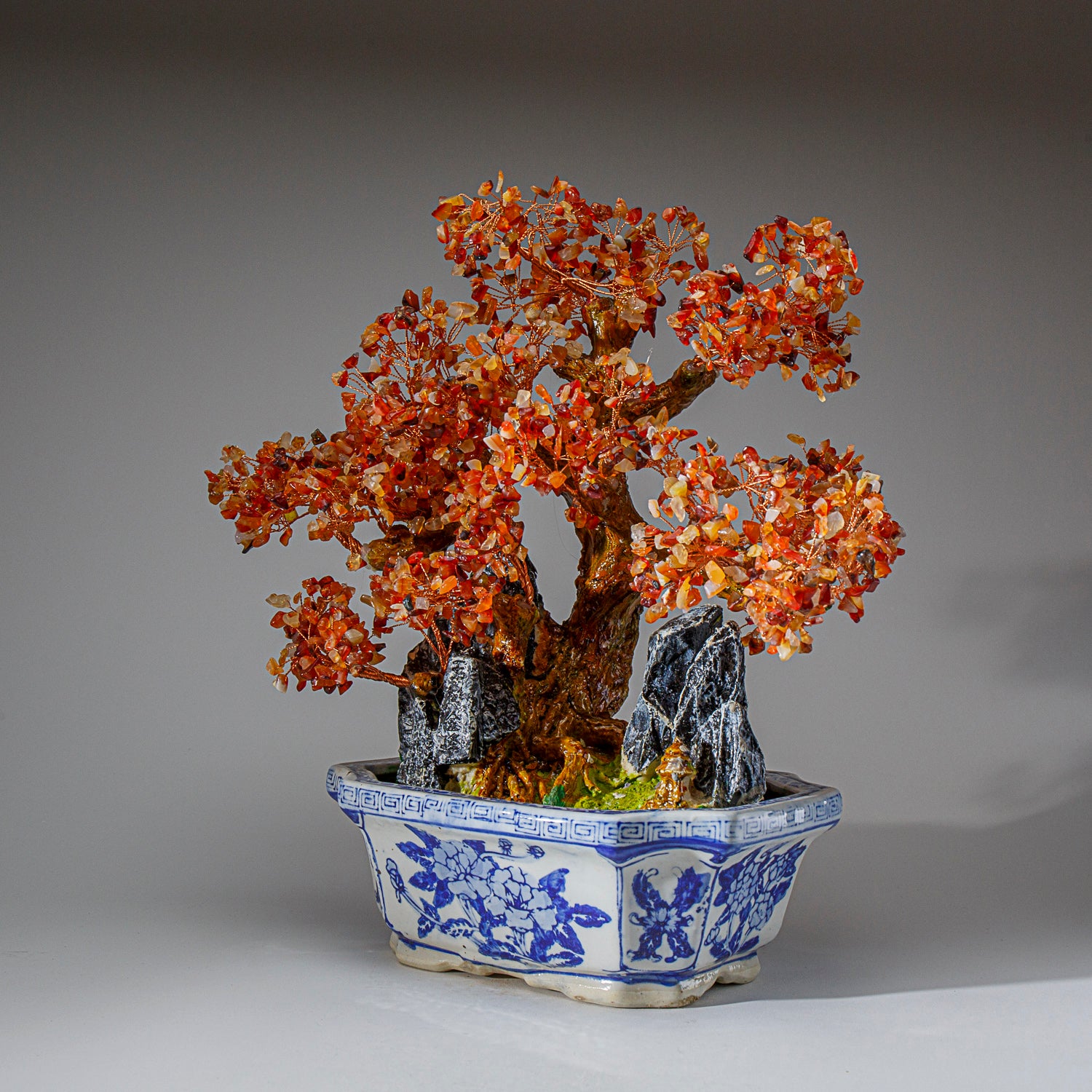 Genuine Carnelian Gemstone Bonsai Tree in Square Ceramic Pot (15” Tall)