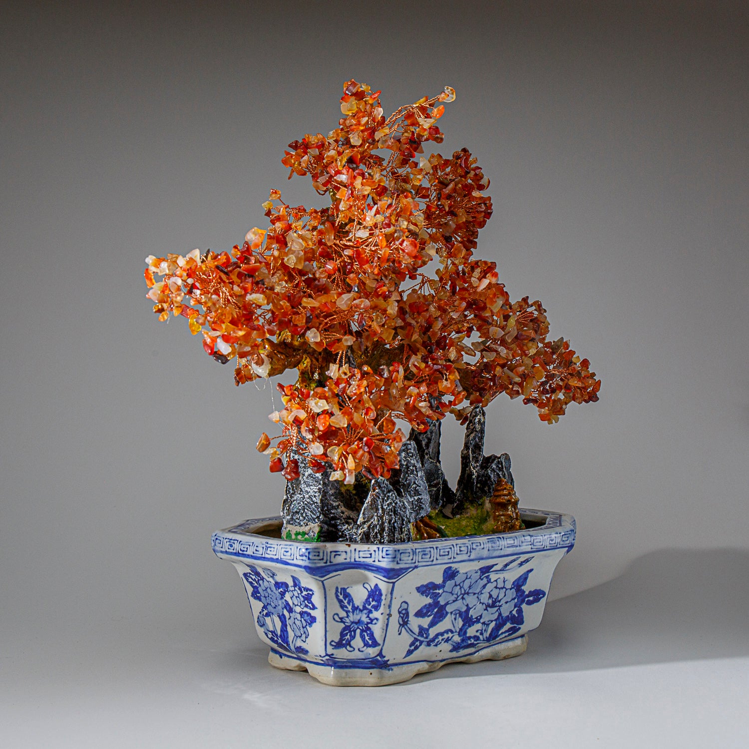 Genuine Carnelian Gemstone Bonsai Tree in Square Ceramic Pot (15” Tall)
