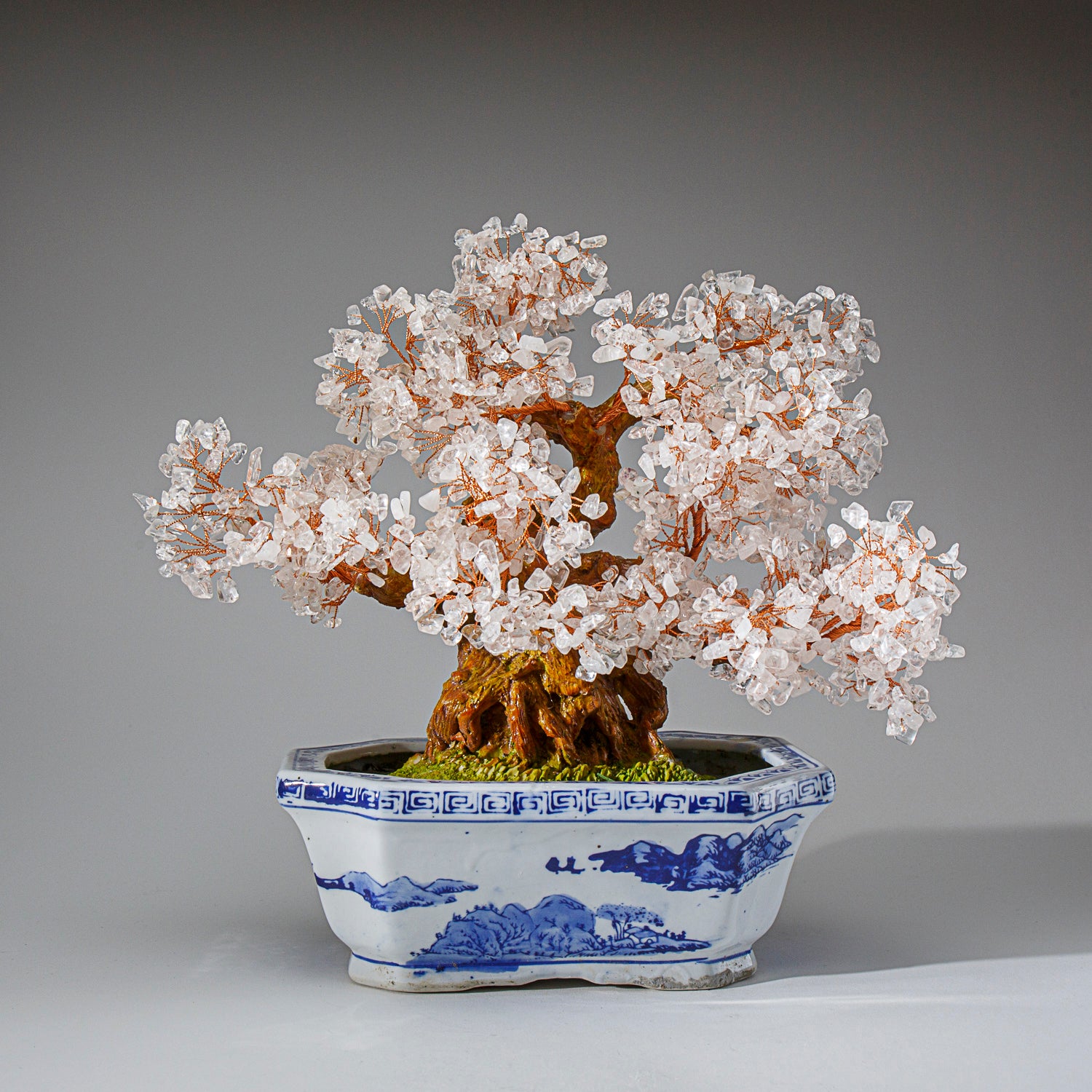 Genuine Quartz Gemstone Bonsai Tree in Oval Ceramic Pot (12” Tall)