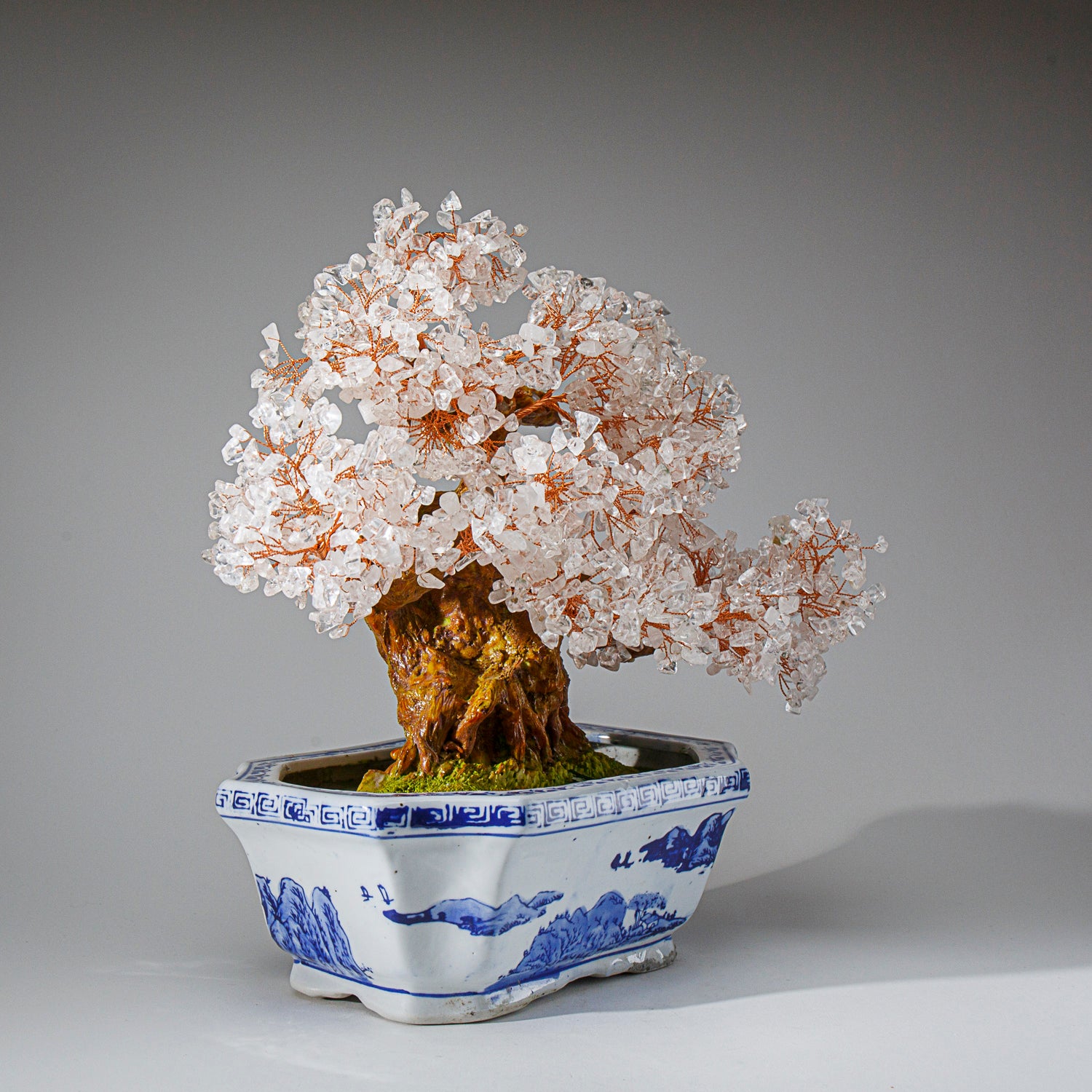 Genuine Quartz Gemstone Bonsai Tree in Oval Ceramic Pot (12” Tall)