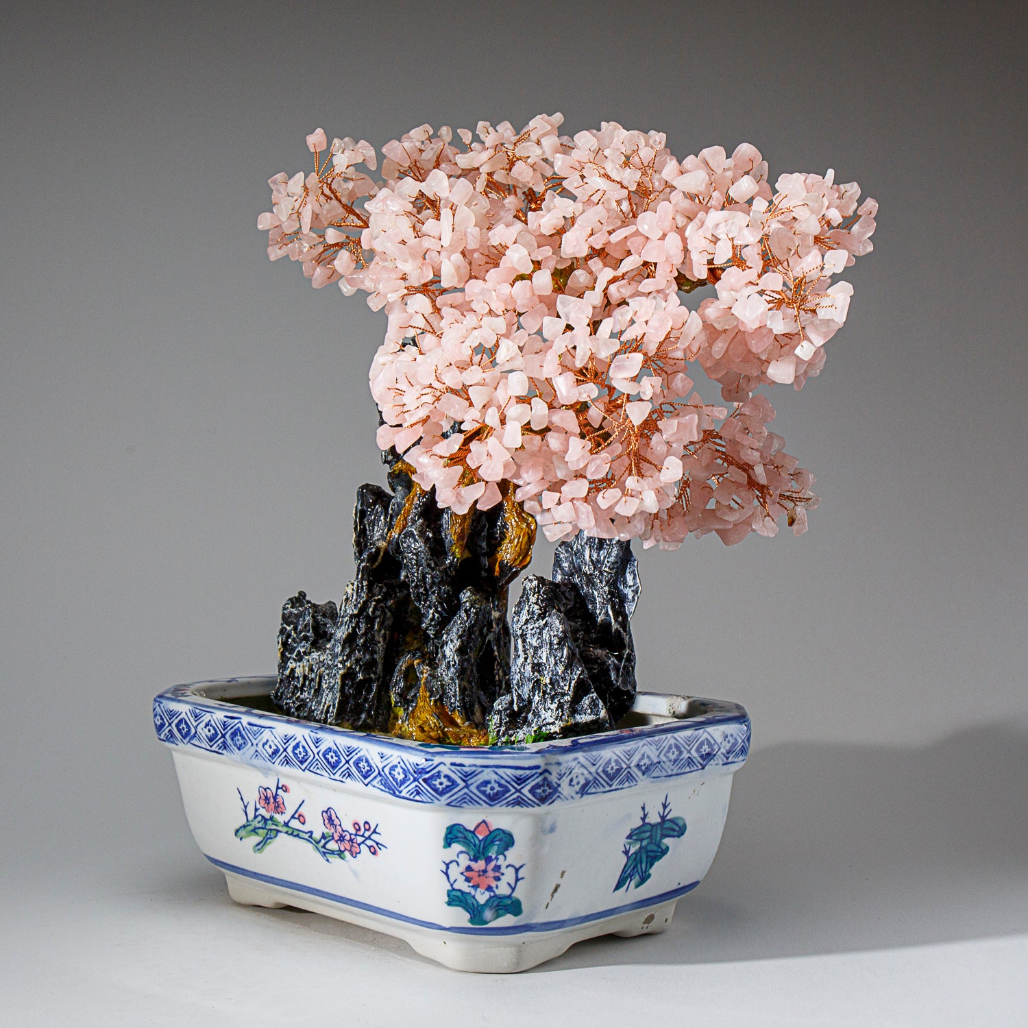 Genuine Rose Quartz Gemstone Bonsai Tree in Square Ceramic Pot (13 Tall”)