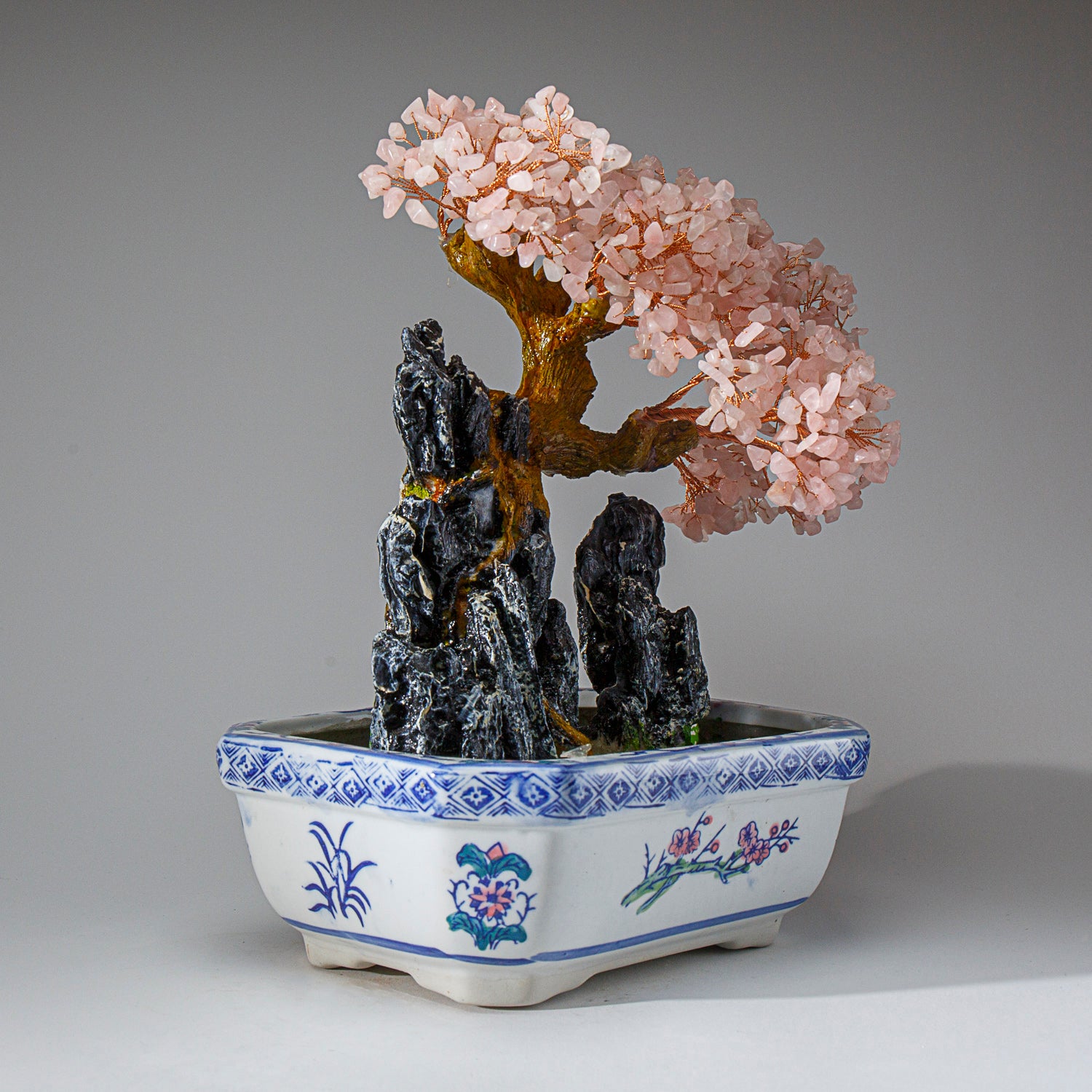 Genuine Rose Quartz Gemstone Bonsai Tree in Square Ceramic Pot (13 Tall”)