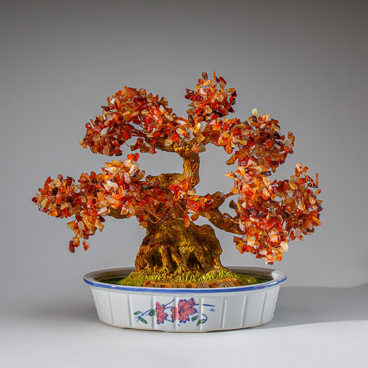 Genuine Carnelian Gemstone Bonsai Tree in Oval Ceramic Pot (11” Tall)