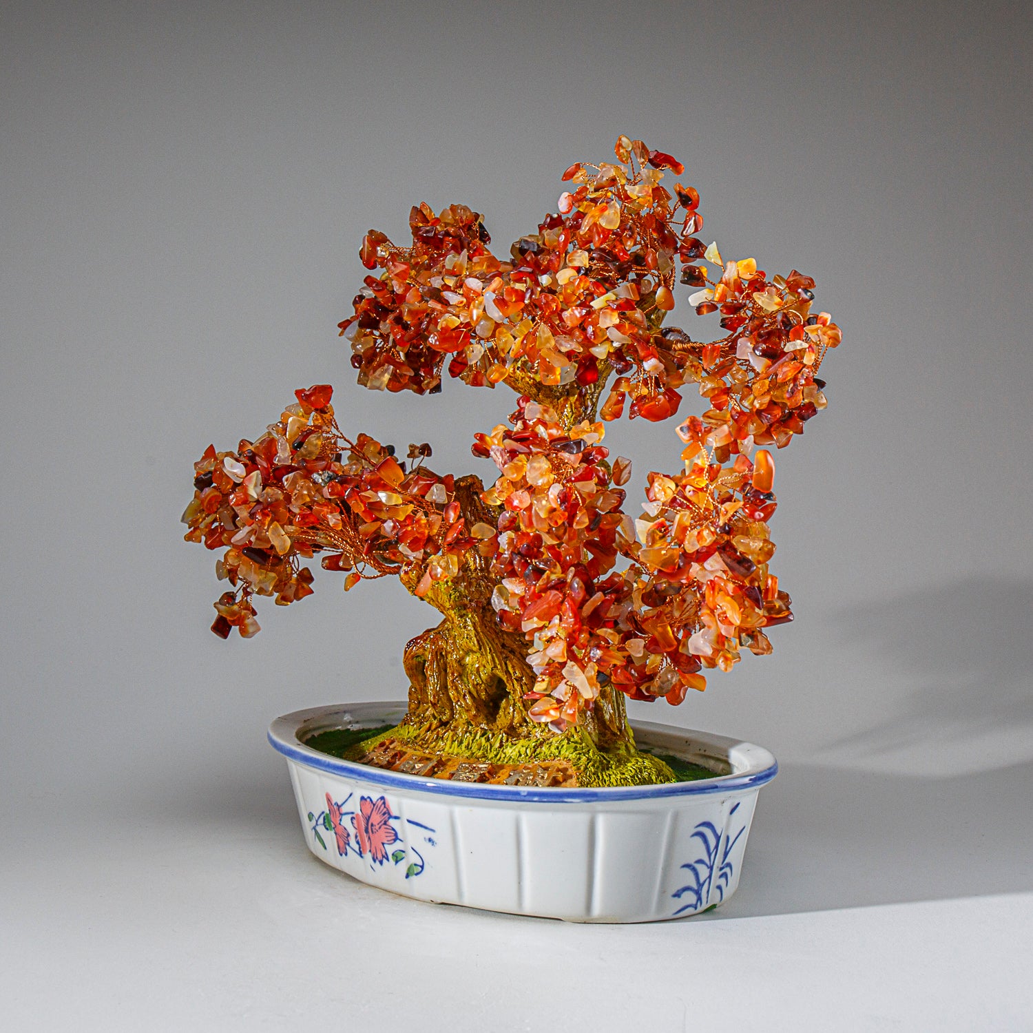 Genuine Carnelian Gemstone Bonsai Tree in Oval Ceramic Pot (11” Tall)