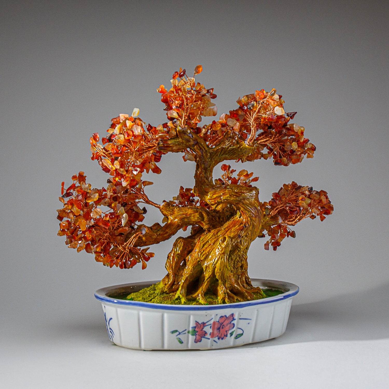 Genuine Carnelian Gemstone Bonsai Tree in Oval Ceramic Pot (11” Tall)