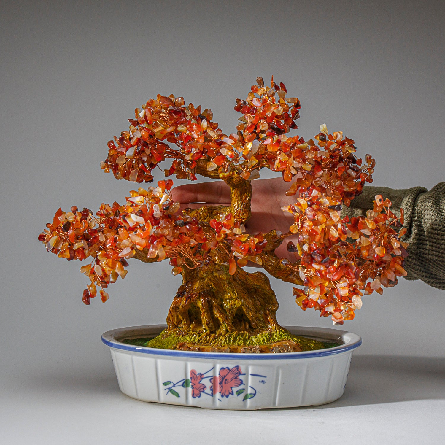 Genuine Carnelian Gemstone Bonsai Tree in Oval Ceramic Pot (11” Tall)