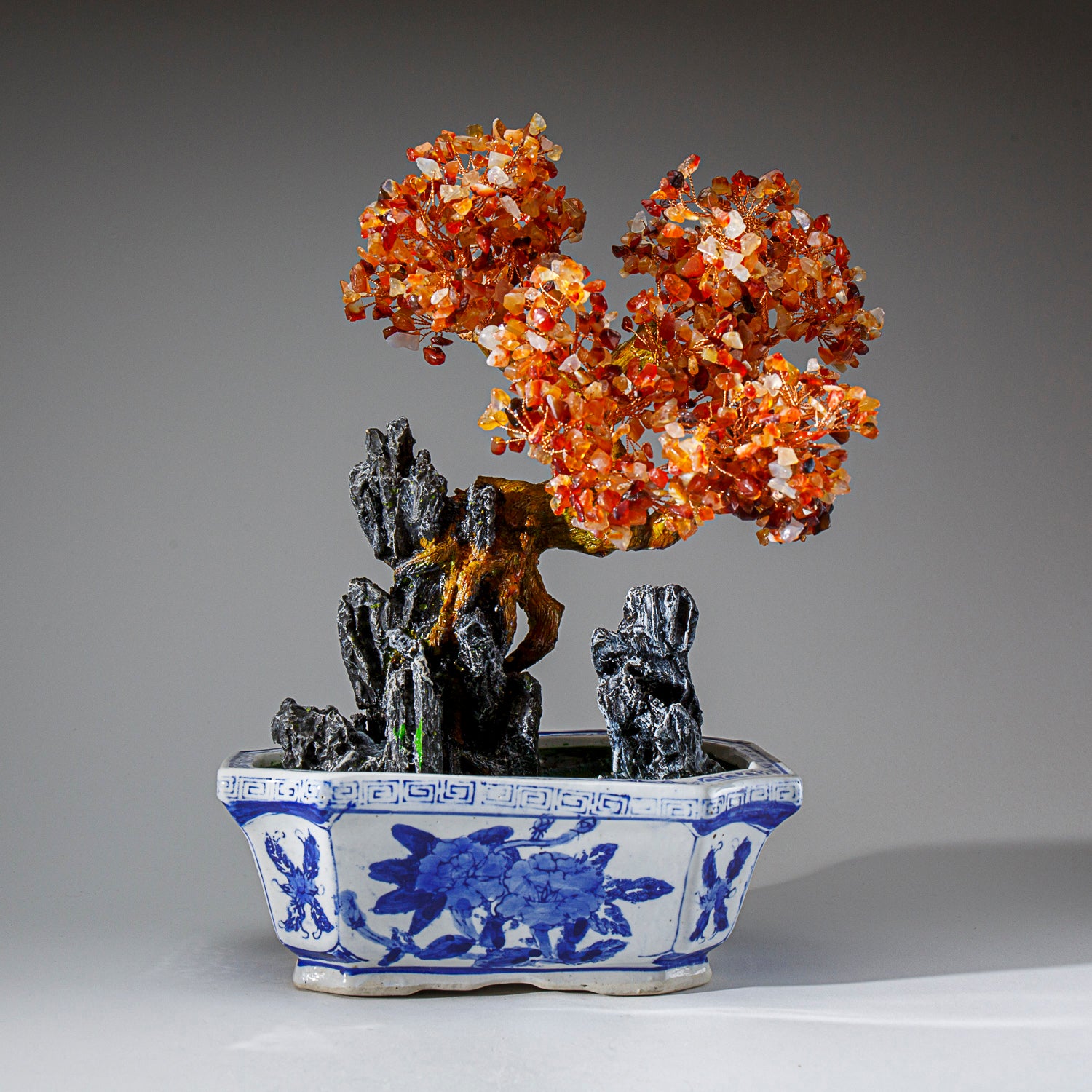 Genuine Carnelian Gemstone Bonsai Tree in Square Ceramic Pot (13” Tall)