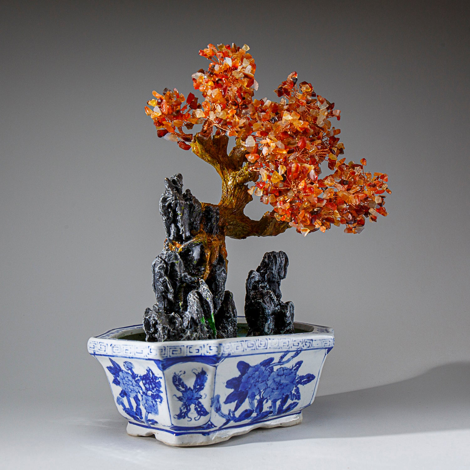 Genuine Carnelian Gemstone Bonsai Tree in Square Ceramic Pot (13” Tall)