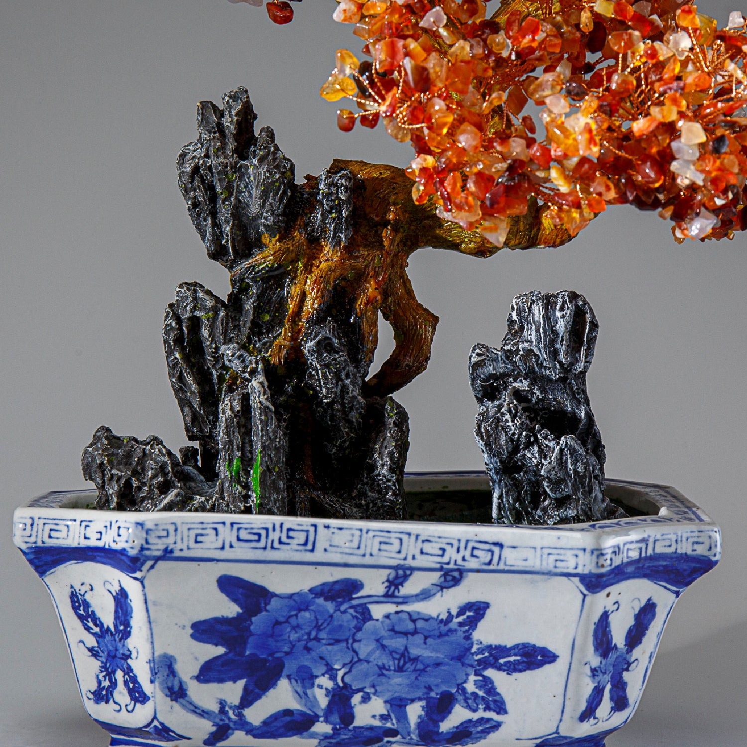 Genuine Carnelian Gemstone Bonsai Tree in Square Ceramic Pot (13” Tall)