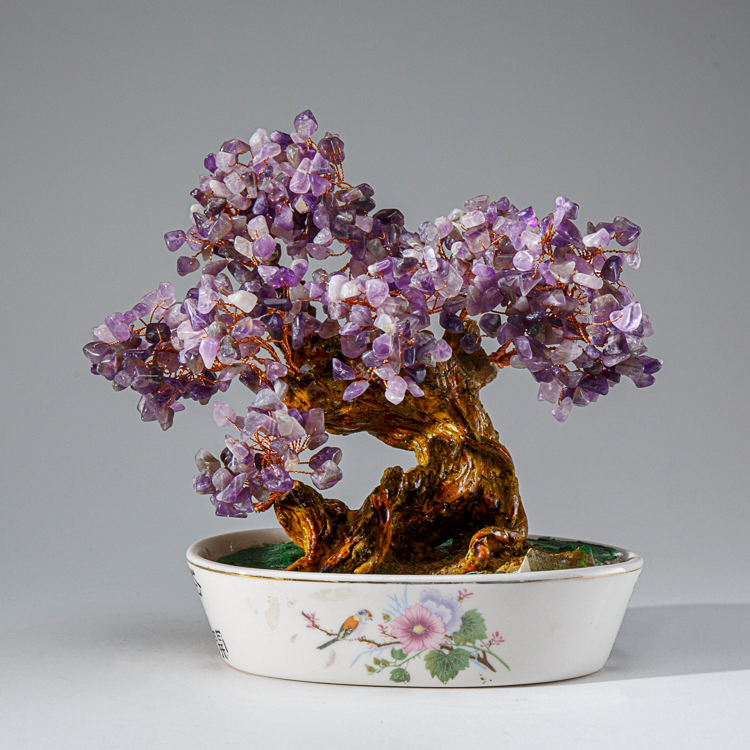 Genuine Amethyst Gemstone Bonsai Tree in Round Ceramic Pot (7” Tall)