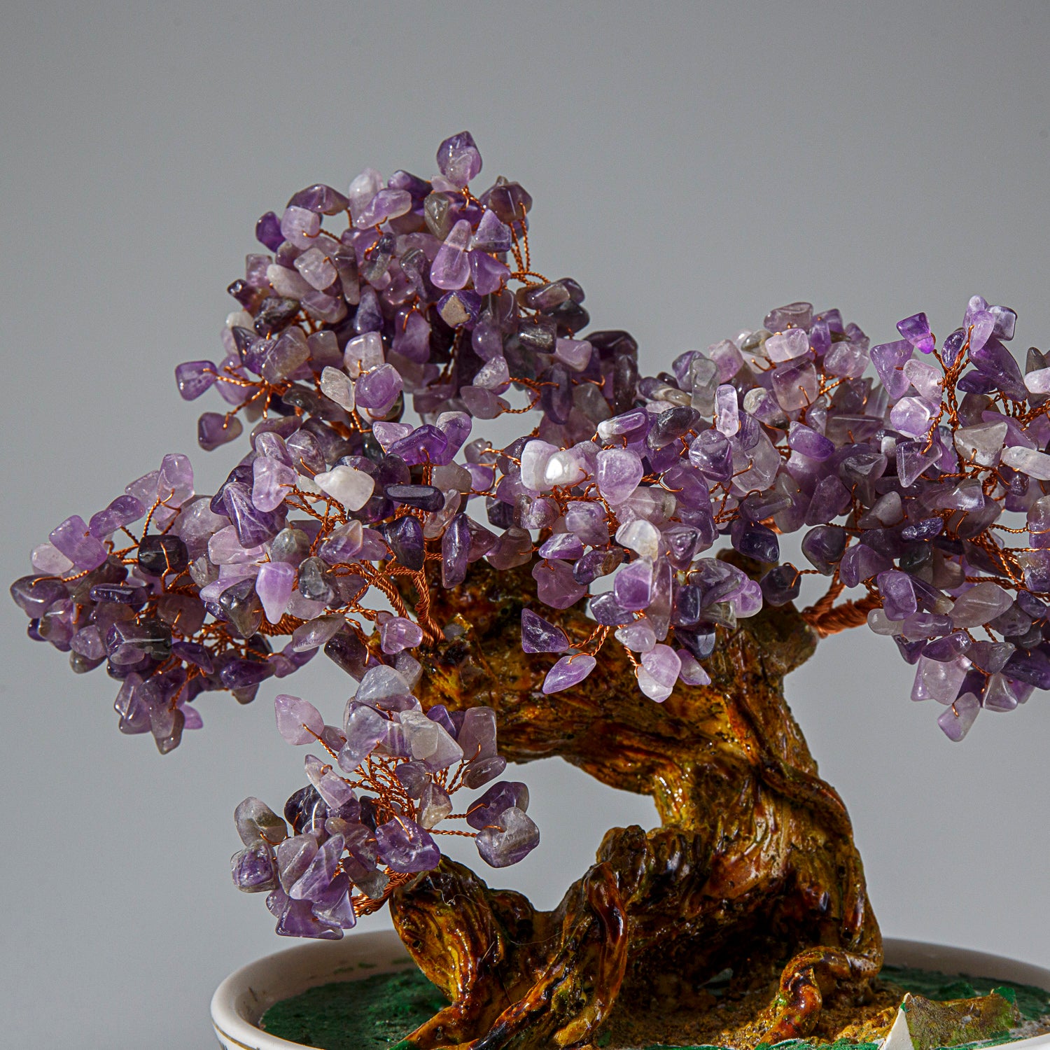 Genuine Amethyst Gemstone Bonsai Tree in Round Ceramic Pot (7” Tall)