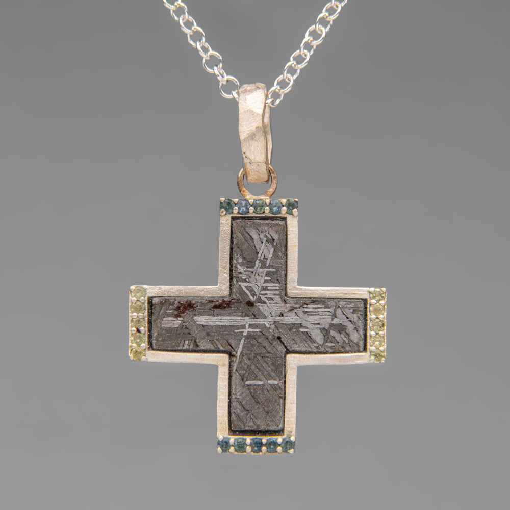 Genuine Muonionalusta Meteorite Cross Pendant (15 grams) with 18" Sterling Silver Necklace