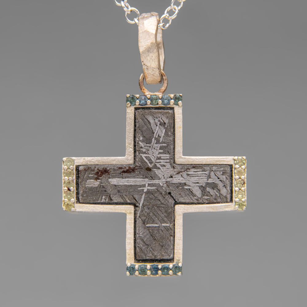 Genuine Muonionalusta Meteorite Cross Pendant (15 grams) with 18" Sterling Silver Necklace