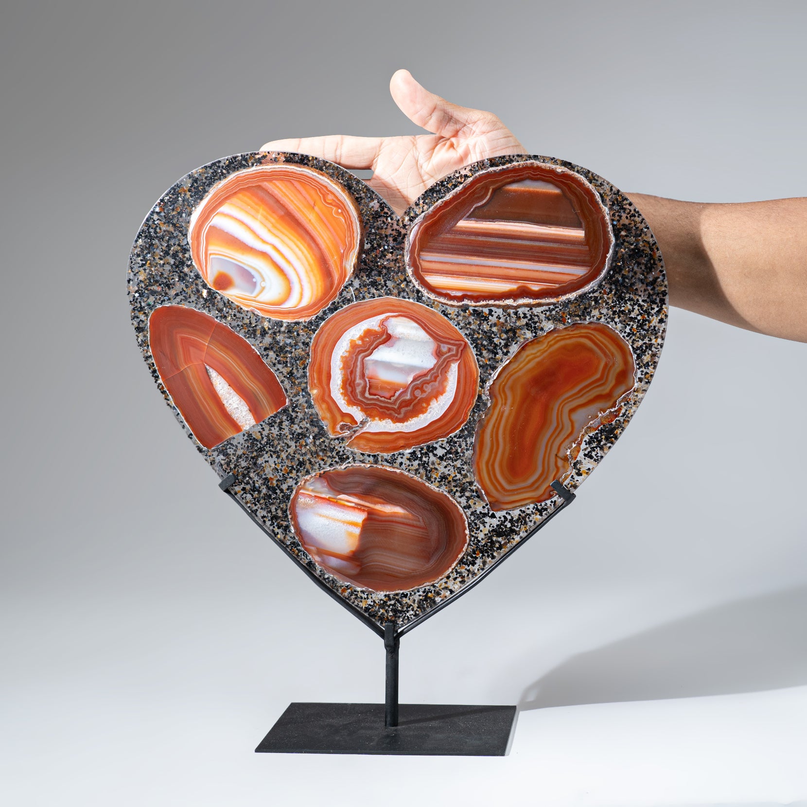 Large Polished Carnelian Agate Heart on Metal Stand (3.5 lbs)