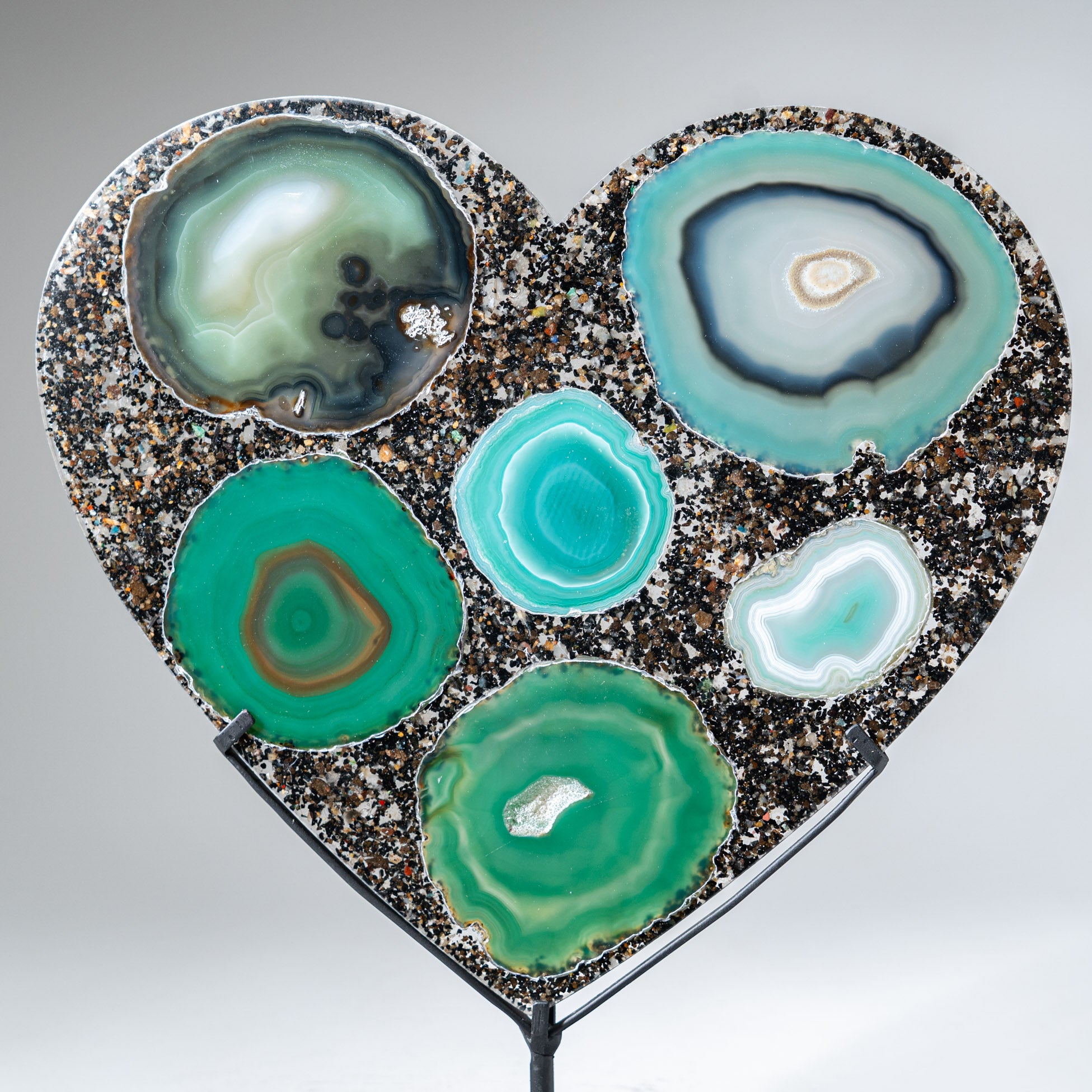 Large Polished Green Agate Heart on Metal Stand (3.5 lbs)