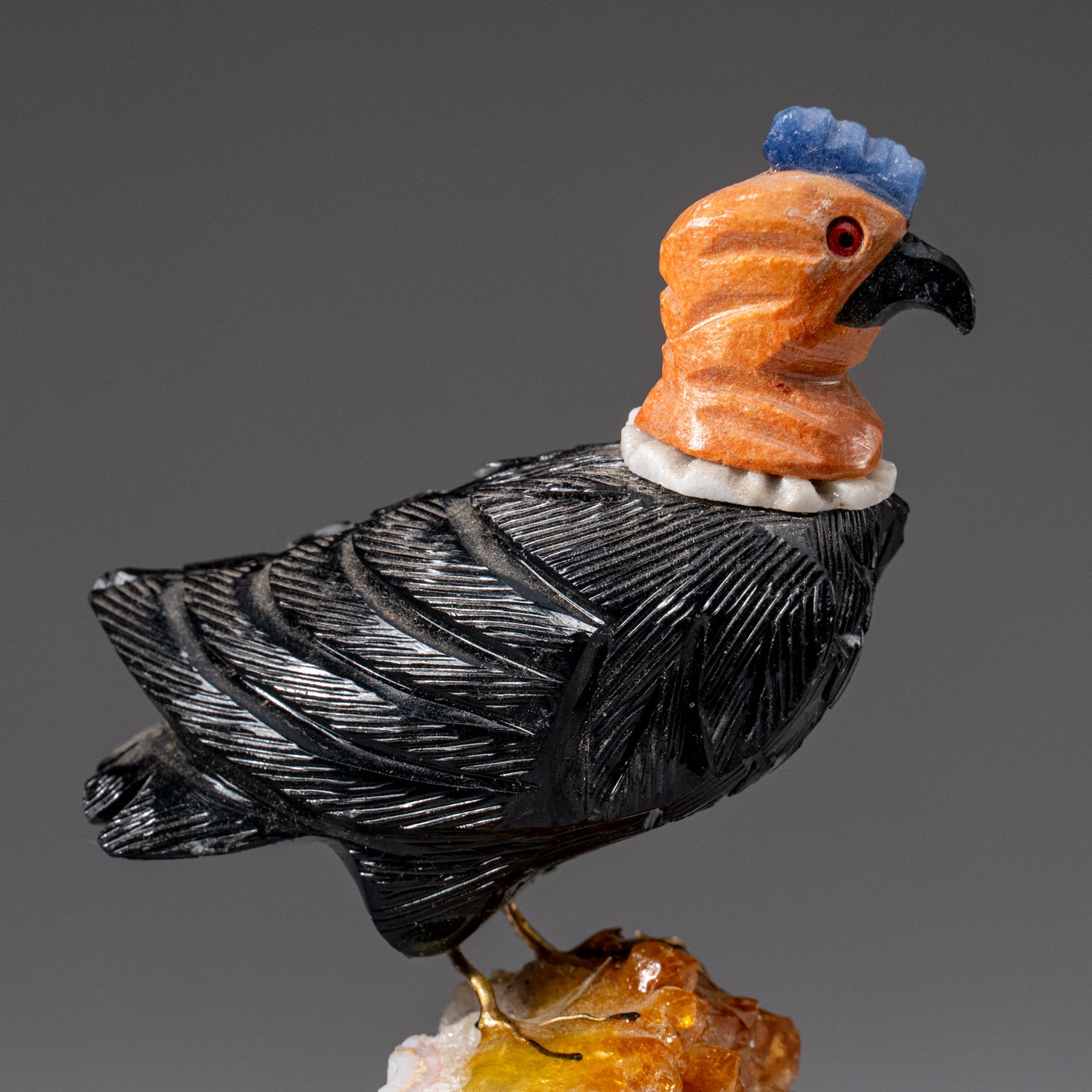 Genuine Polished Black Obsidian Carved Bird on Citrine Quartz Matrix