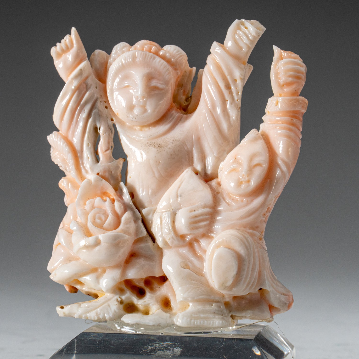 Genuine Angel Skin Coral Hand Carving Rose and Immortals (152.9 grams)