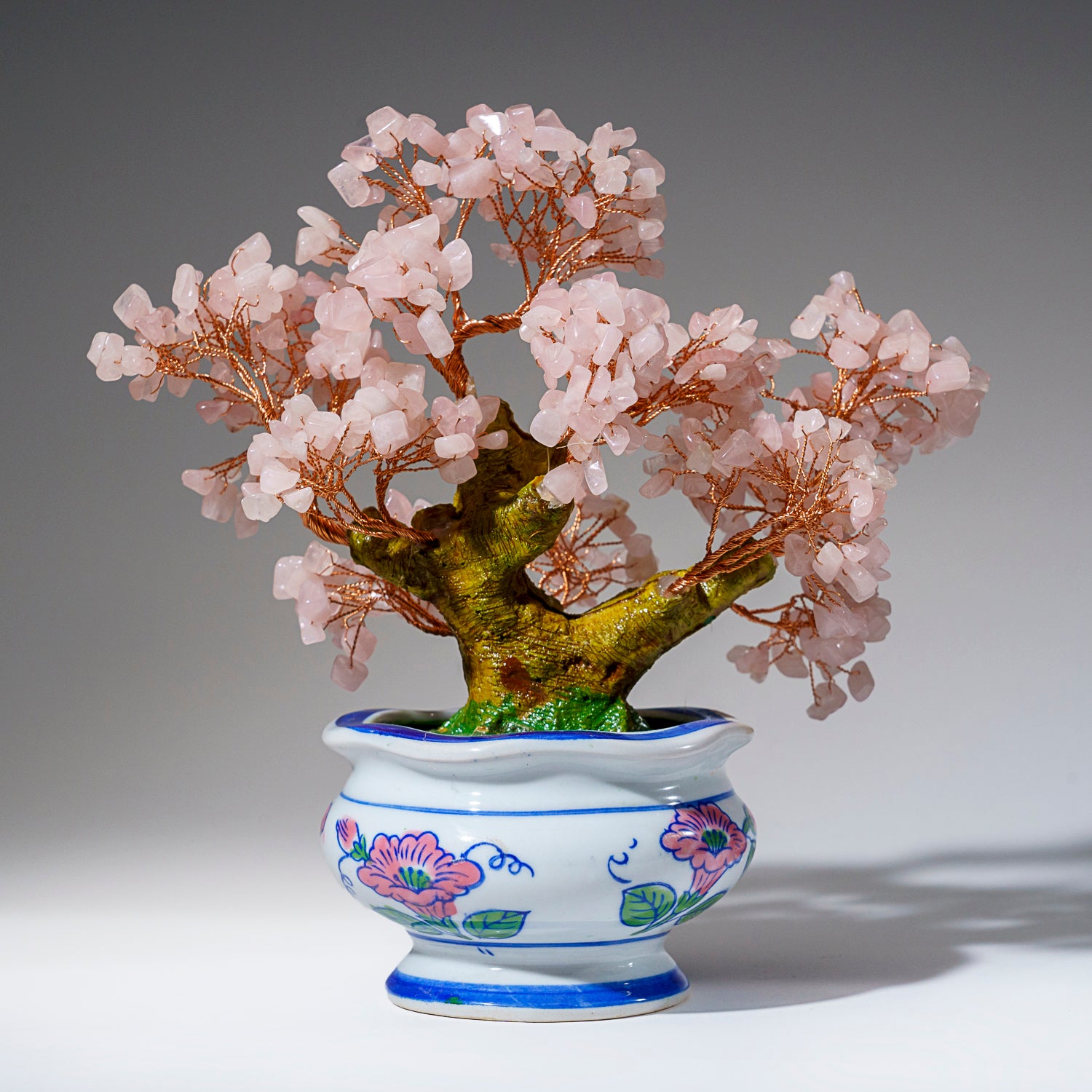 Genuine Rose Quartz Bonsai Tree in Round Ceramic Pot (8.5” Tall)