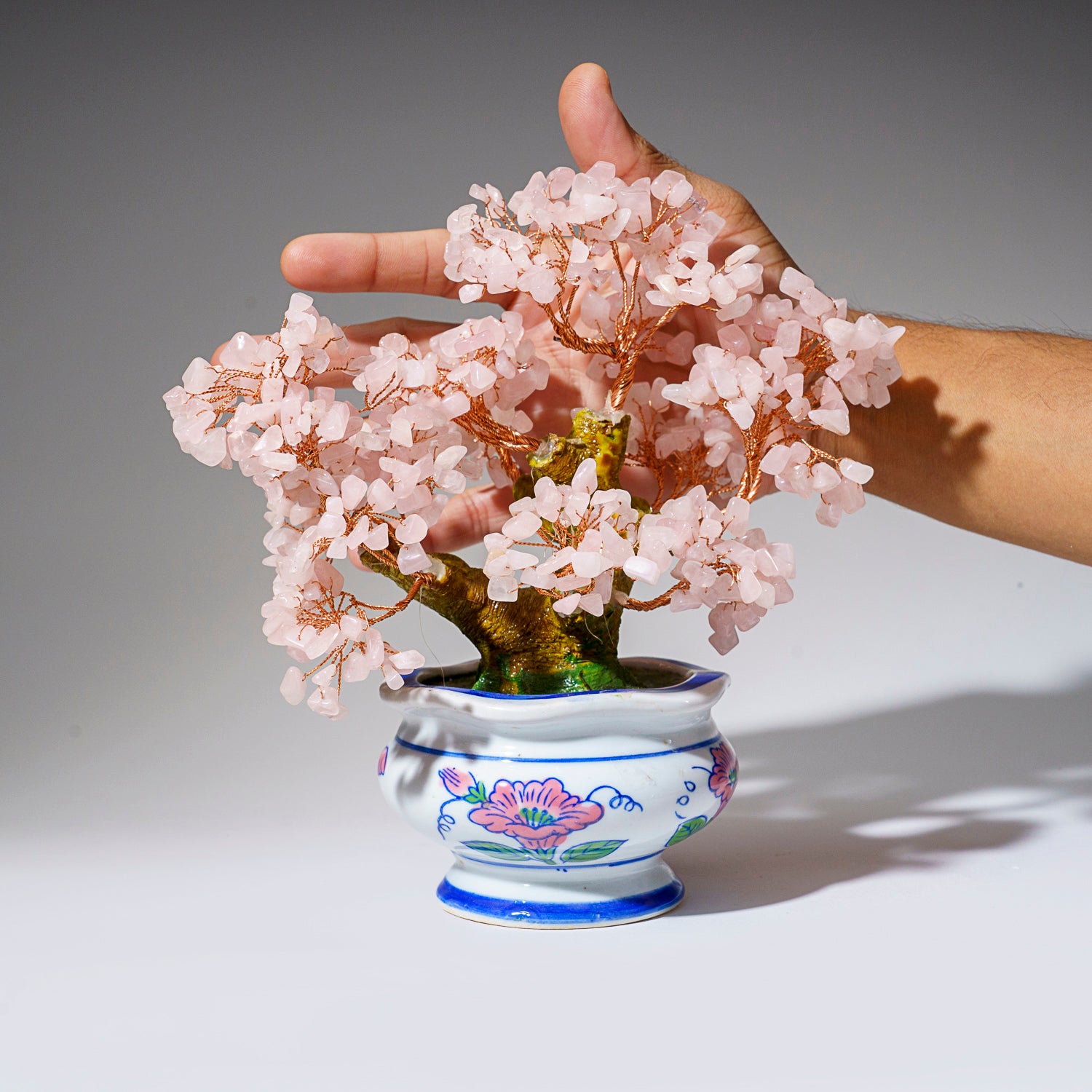 Genuine Rose Quartz Bonsai Tree in Round Ceramic Pot (8.5” Tall)