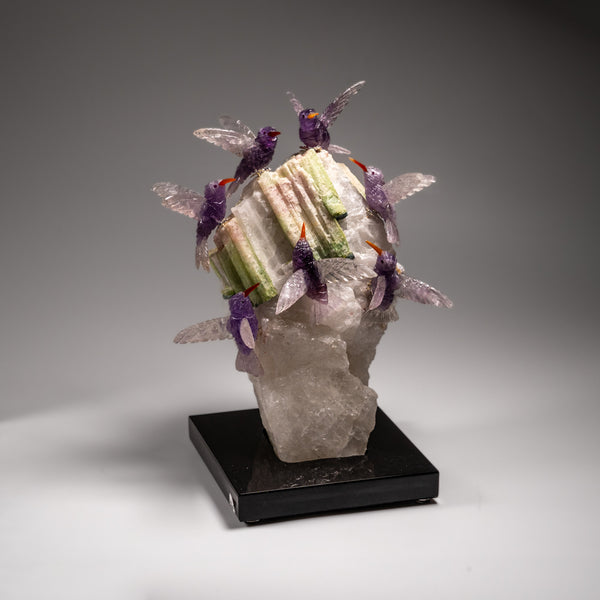 Genuine Hand Carved Fluorite Hummingbirds on a Tourmaline in