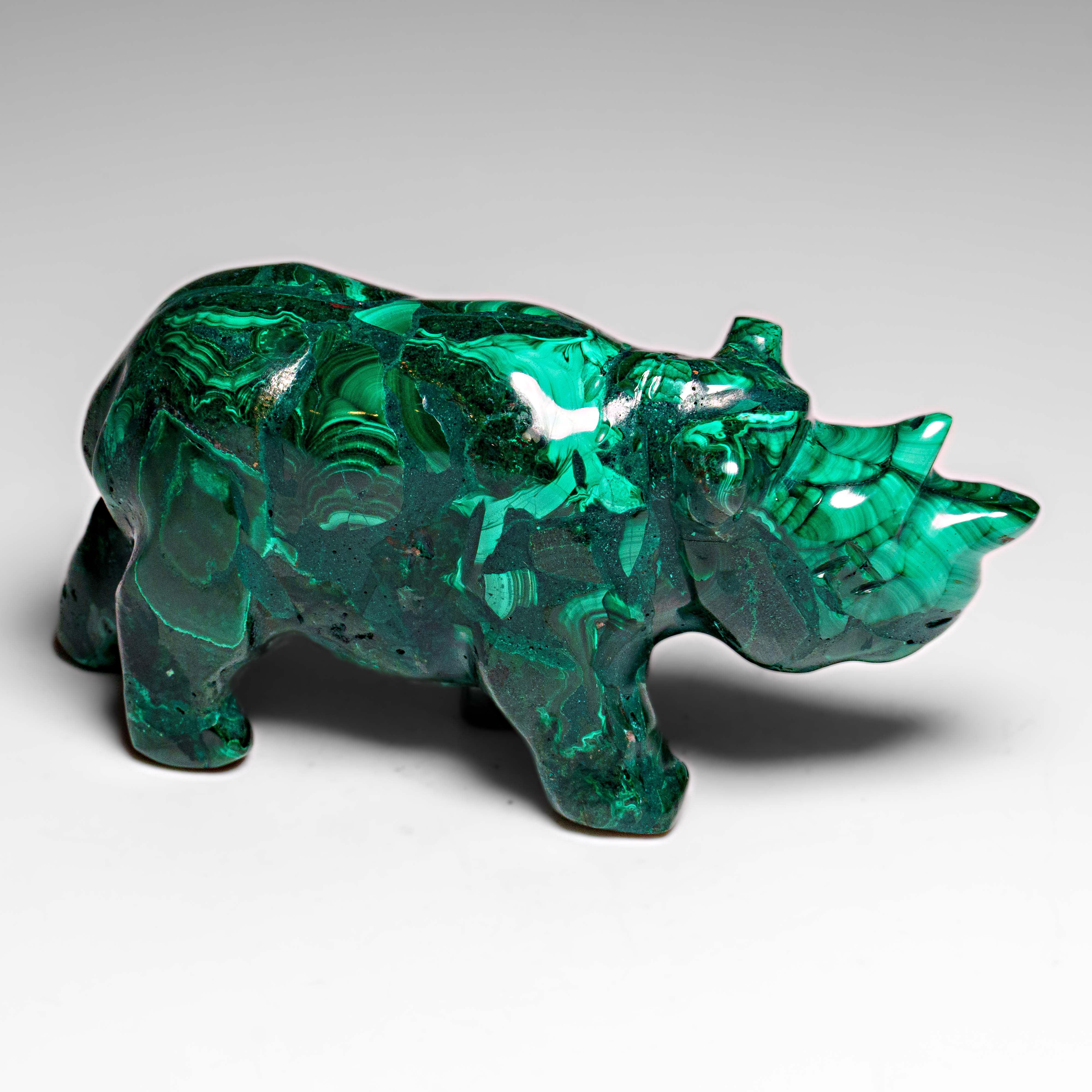 Genuine Polished Malachite Rhino Carving (220.7 grams)