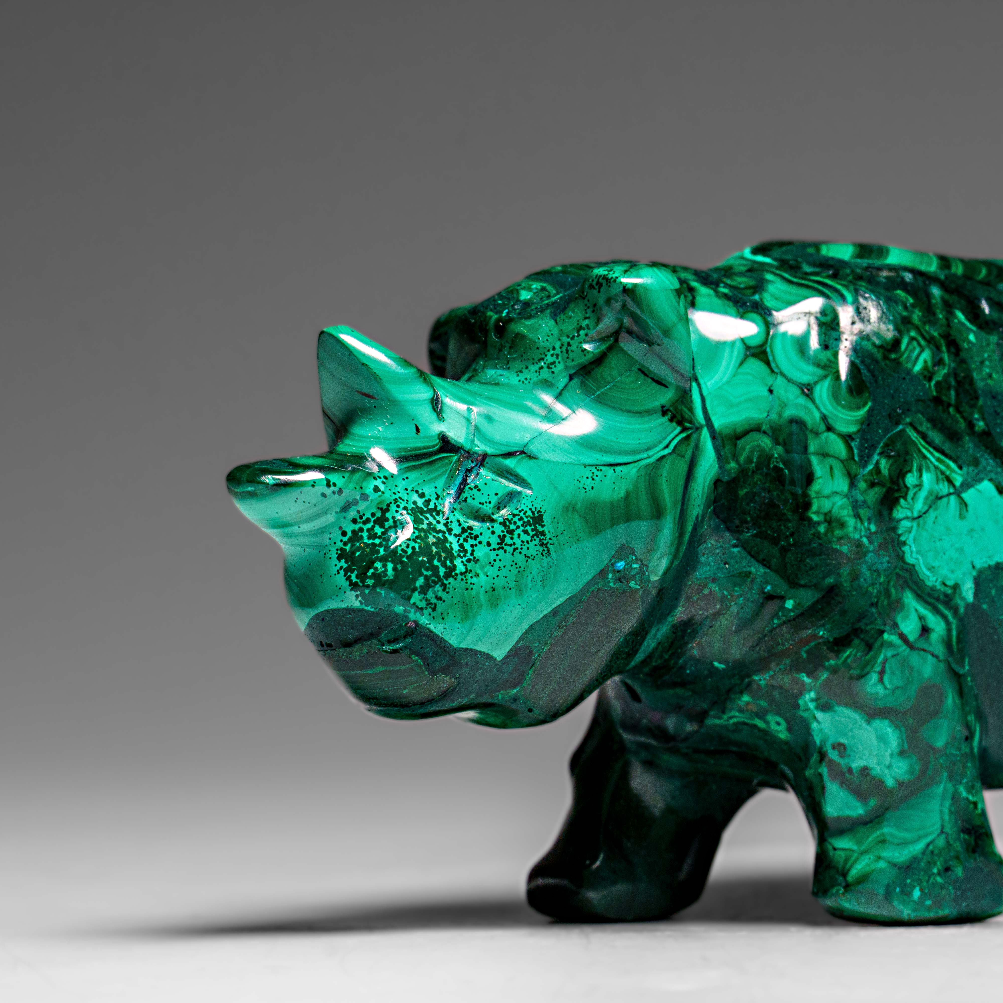 Genuine Polished Malachite Rhino Carving (220.7 grams)