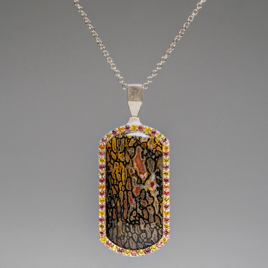 Genuine Dinosaur Bone, Pink and Yellow Sapphire Dog Tag Pendant