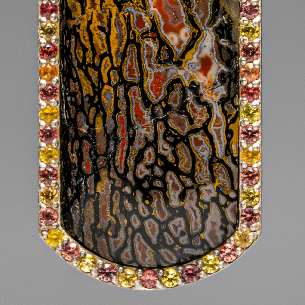 Genuine Dinosaur Bone, Pink and Yellow Sapphire Dog Tag Pendant