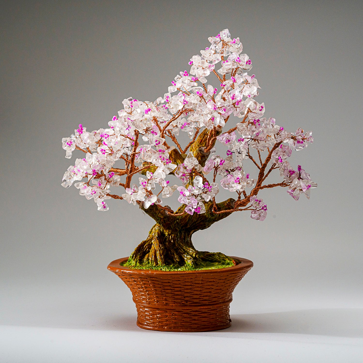 Genuine Clear Quartz with Rose Quartz Beads Bonsai Gemstone Tree in Round Basket Ceramic Pot 9”