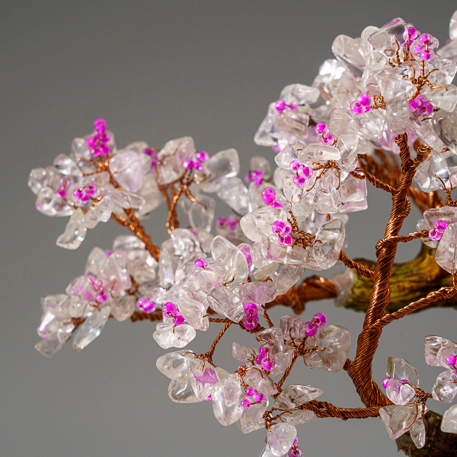 Genuine Clear Quartz with Rose Quartz Beads Bonsai Gemstone Tree in Round Basket Ceramic Pot 9”