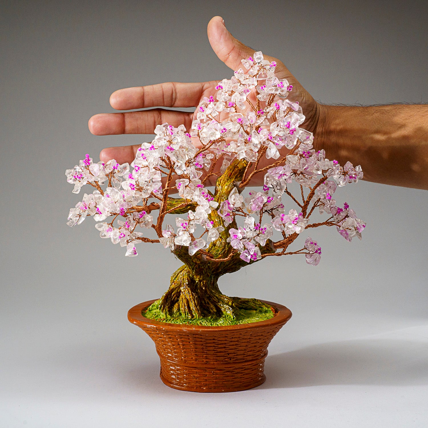 Genuine Clear Quartz with Rose Quartz Beads Bonsai Gemstone Tree in Round Basket Ceramic Pot 9”