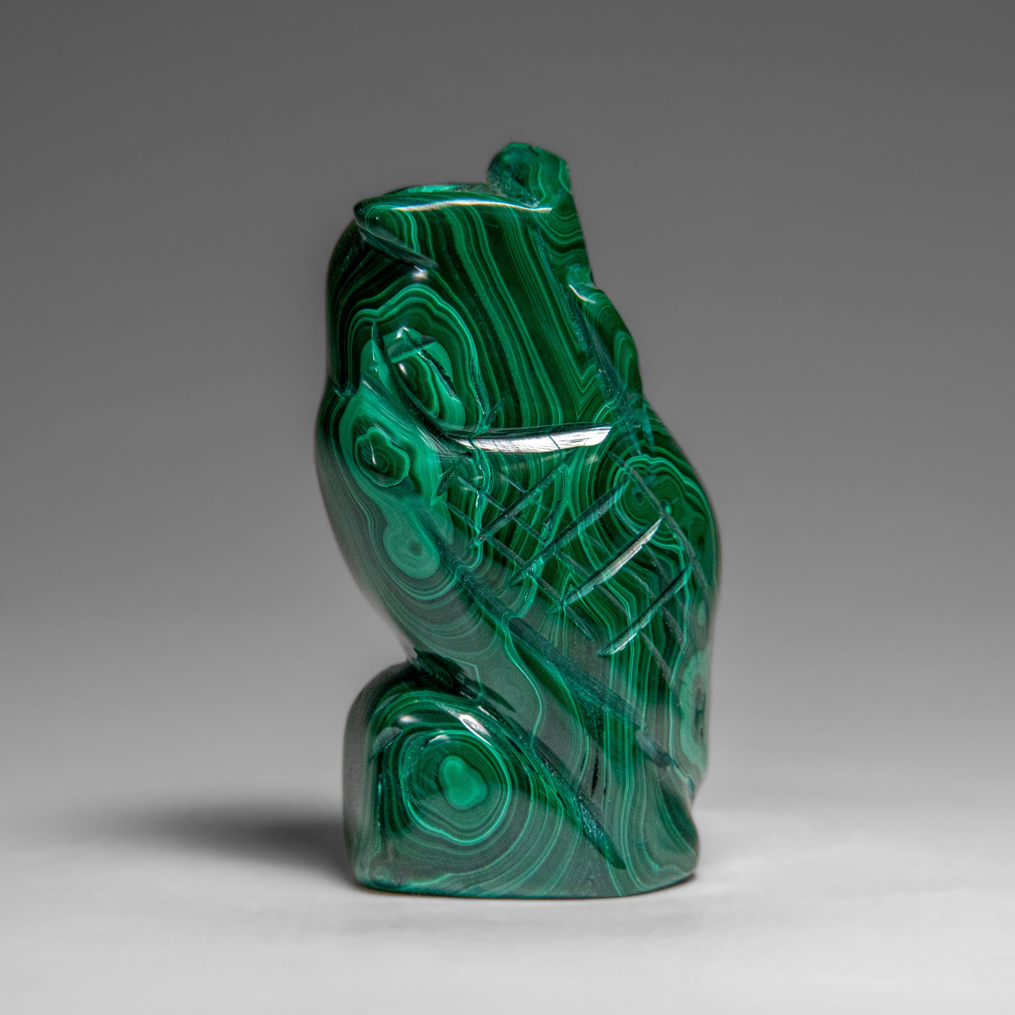 Genuine Polished Malachite Owl Carving (210.8 grams)