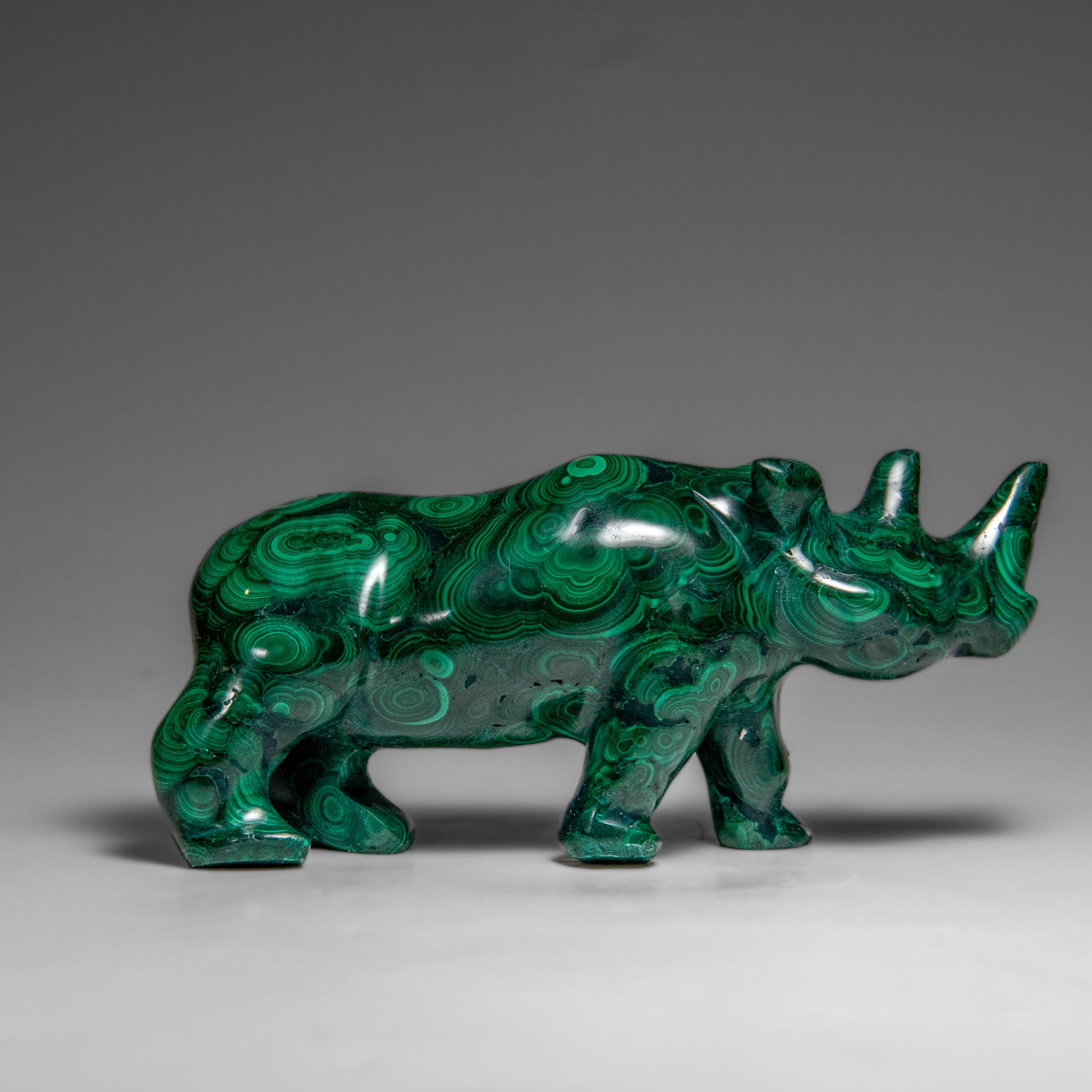 Genuine Polished Malachite Rhino Carving (333.2 grams)