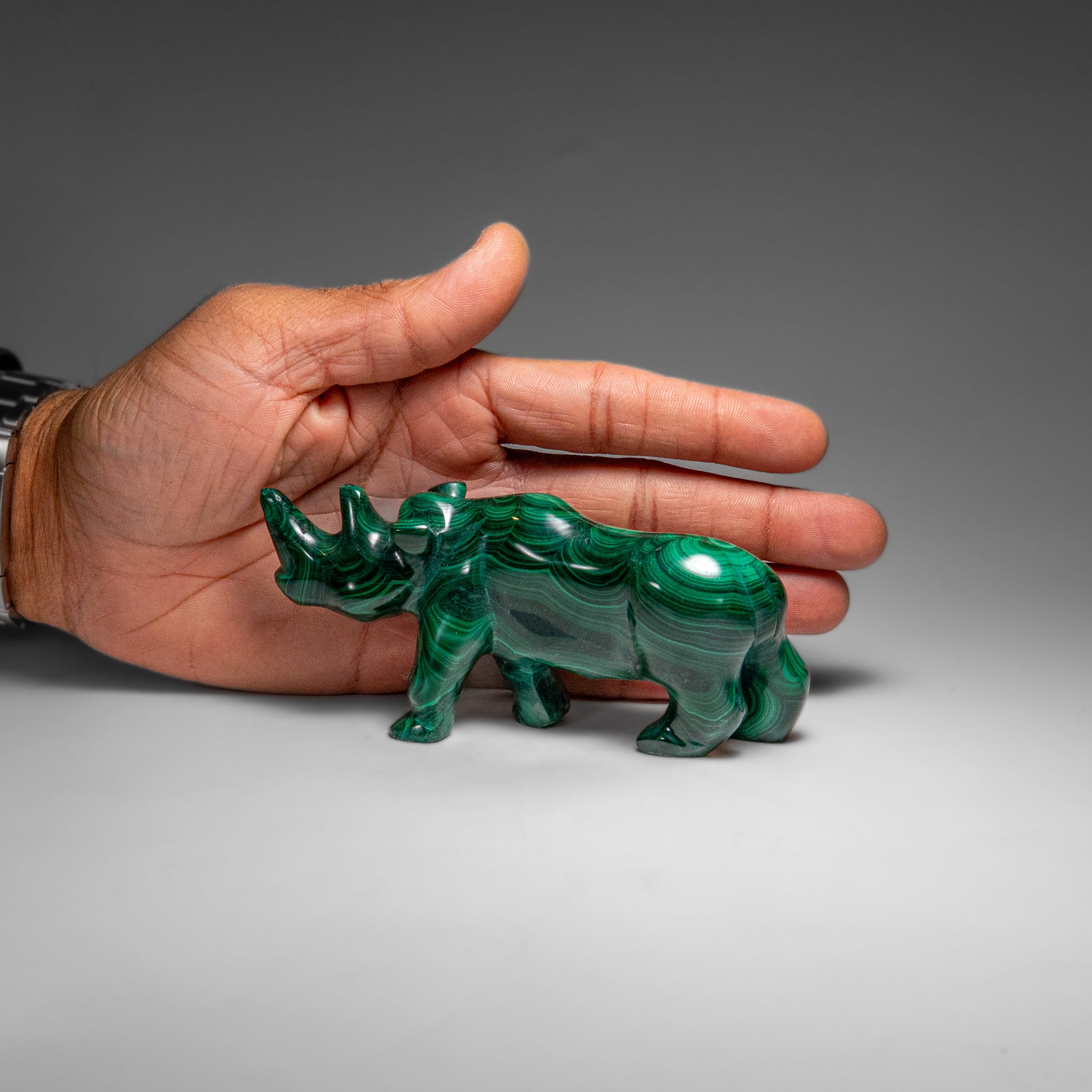 Genuine Polished Malachite Rhino Carving (333.2 grams)