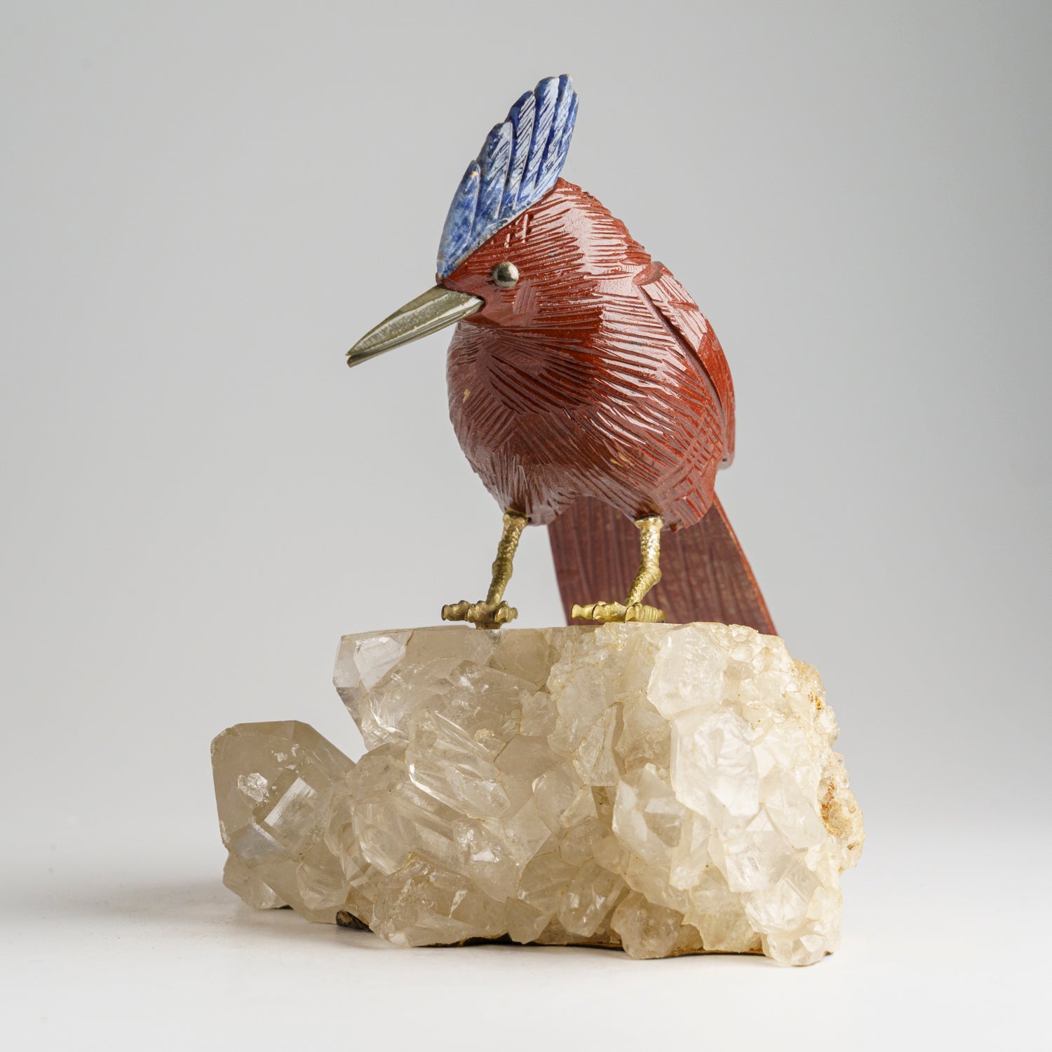 Polished Hand Carved Bird on a Quartz Crystal Cluster Matrix