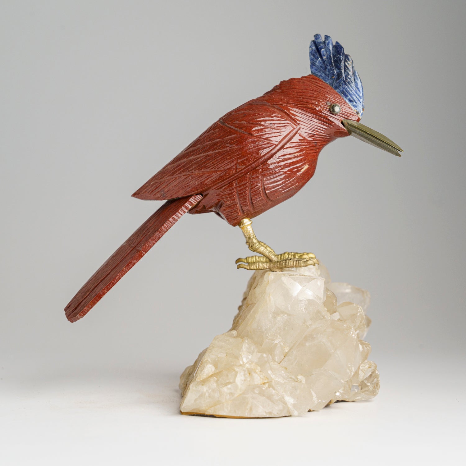 Polished Hand Carved Bird on a Quartz Crystal Cluster Matrix