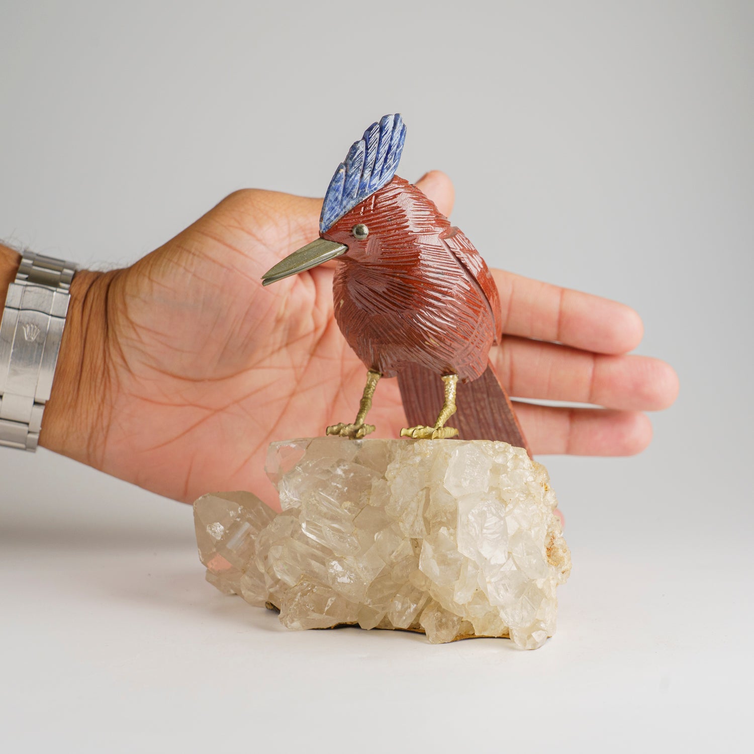 Polished Hand Carved Bird on a Quartz Crystal Cluster Matrix